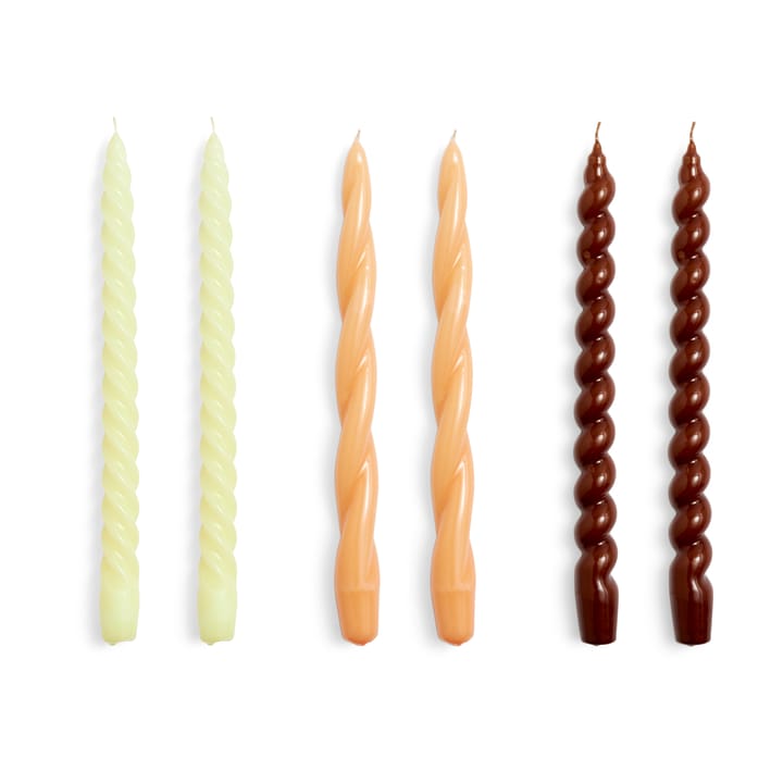 Candle Long Twist/Spiral lys mix 6-pak - Dark peach/Brown - HAY