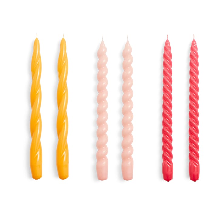 Candle Long Twist/Spiral lys mix 6-pak - Rose/Raspberry - HAY