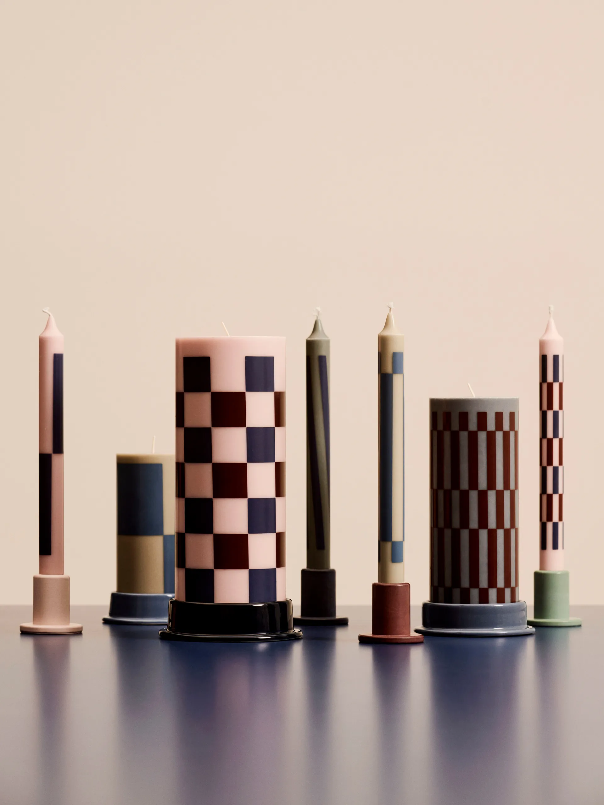 Column Candle bloklys large 25 cm, Pink-bordeaux-dark blue check HAY