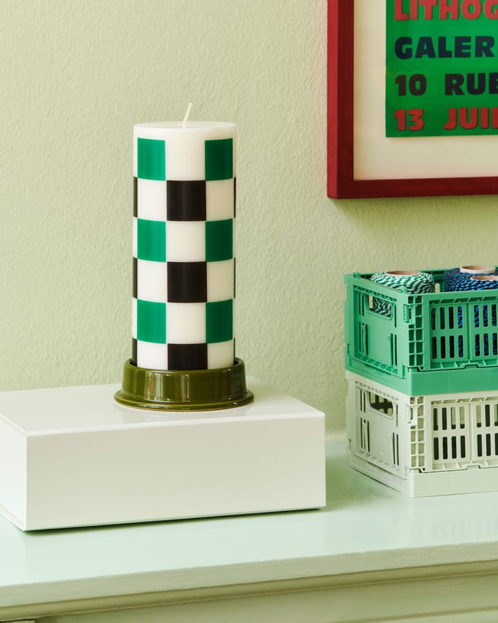Column Candle bloklys medium 20 cm, Off white-green-black check HAY