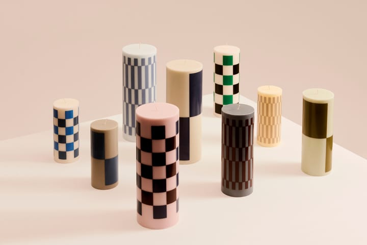 Column Candle bloklys medium 20 cm, Off white-green-black check HAY
