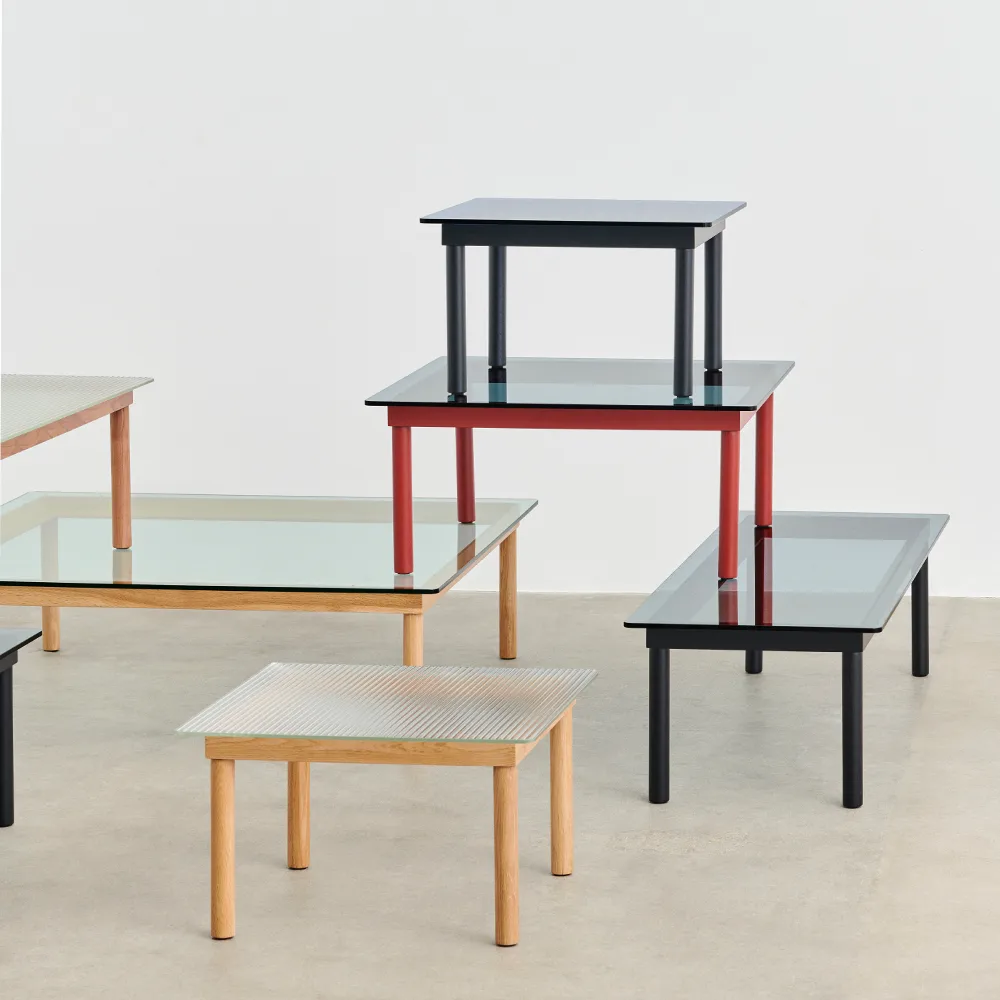 Kofi sofabord, Black oak-glastop-blåtonet-b80 cm HAY