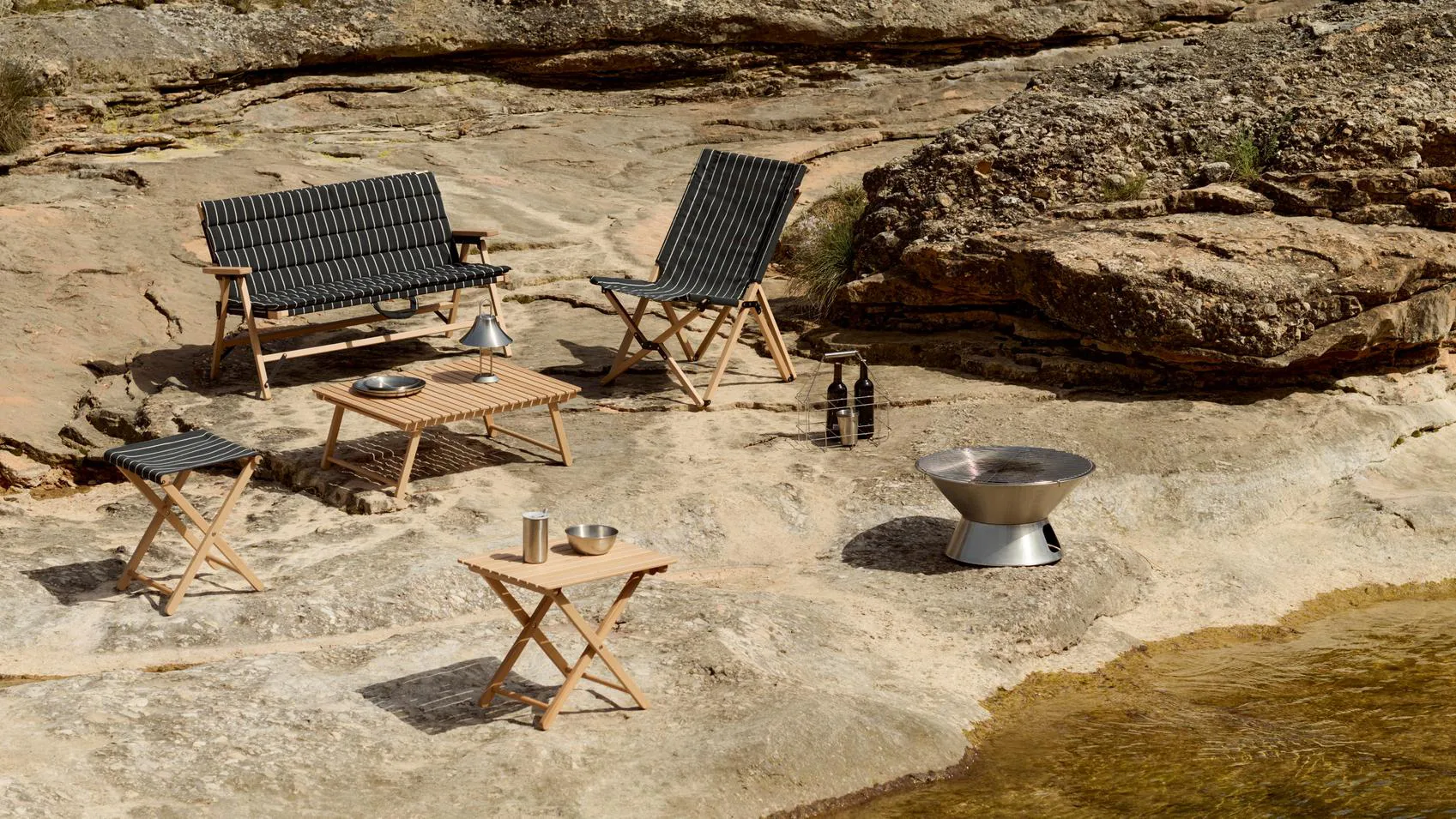 Outdoor Market foldbar sofa, Black-beige, 2-pers. sofa HAY