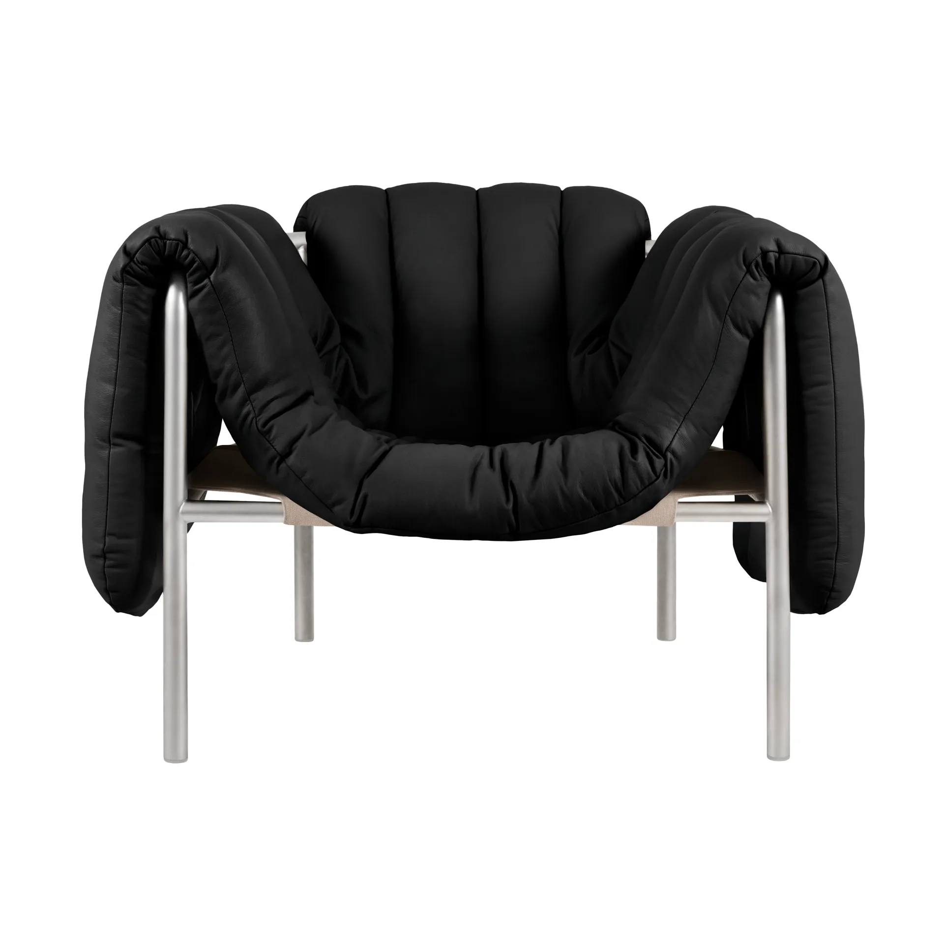 Puffy loungelænestol, Black leather-rustfrit stål Hem