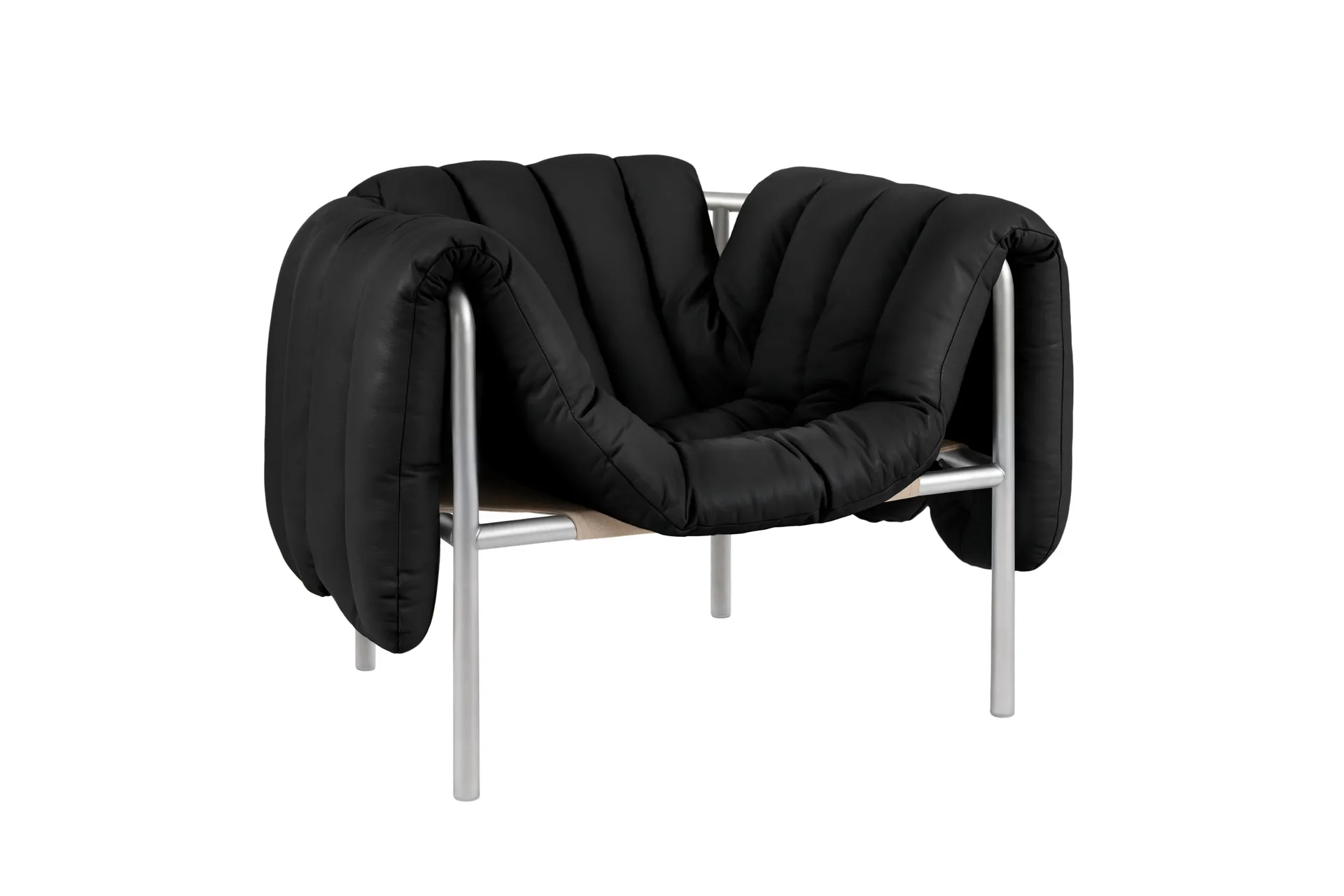 Puffy loungelænestol, Black leather-rustfrit stål Hem