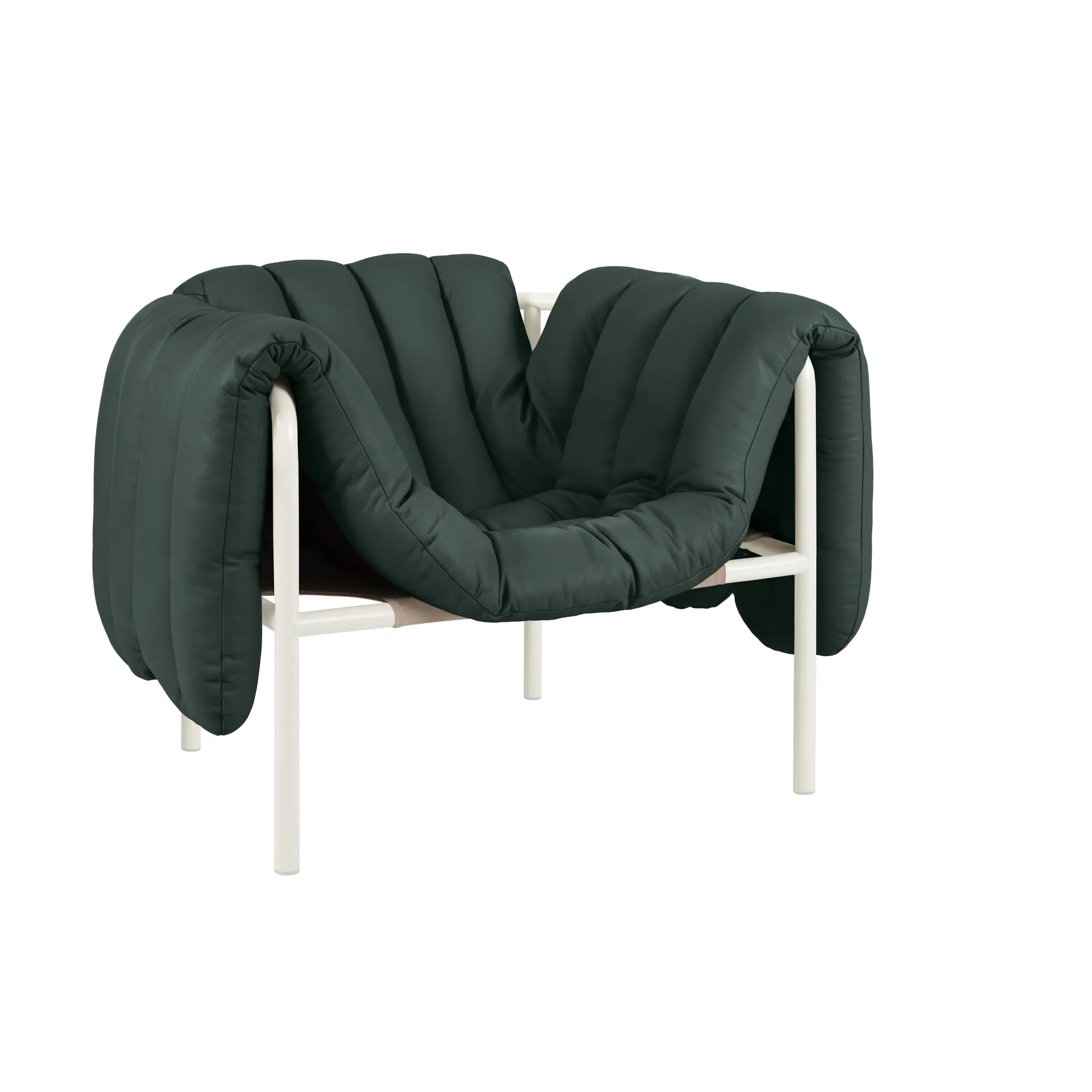 Puffy loungelænestol, Dark green leather-cream Hem