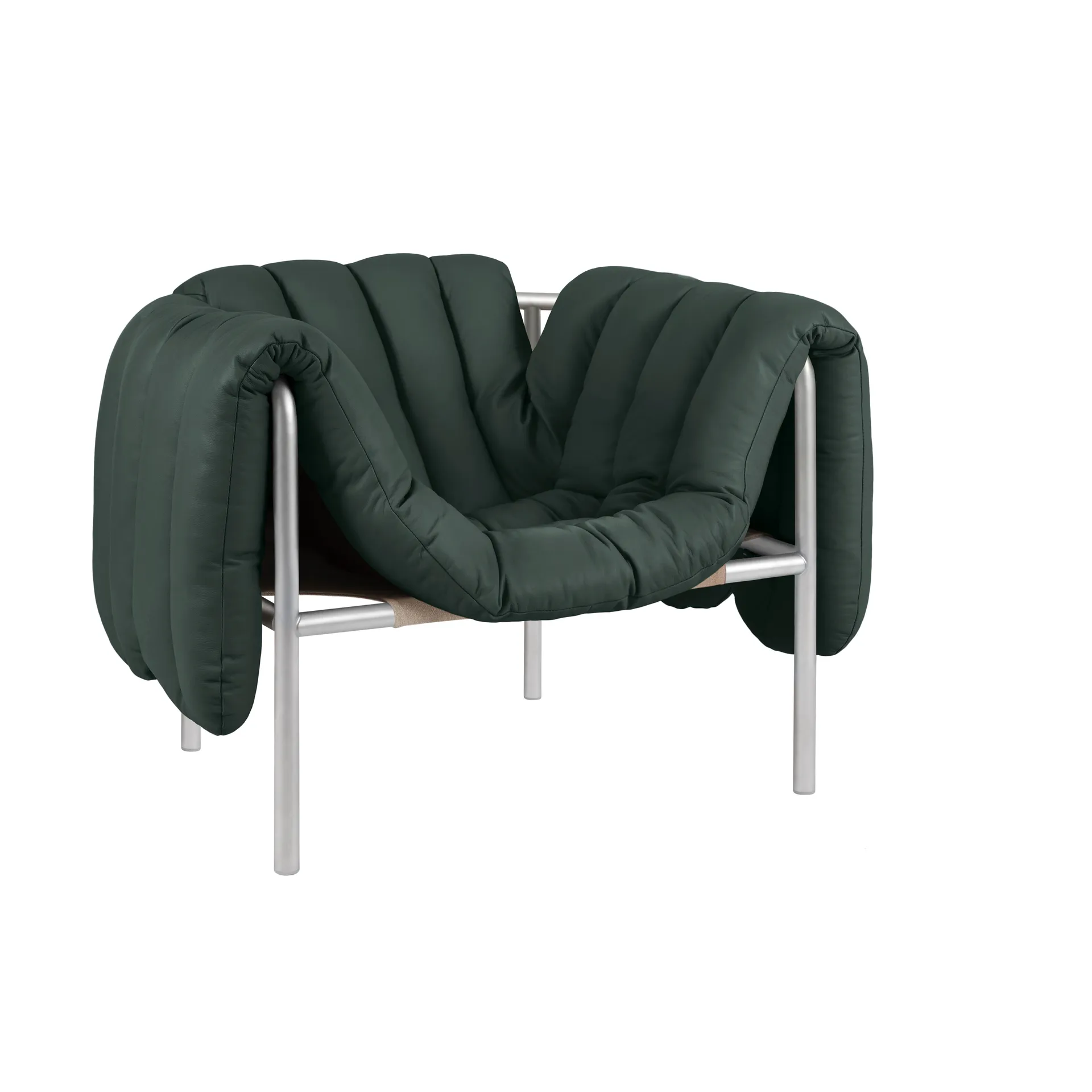 Puffy loungelænestol, Dark green leather-rustfrit stål Hem