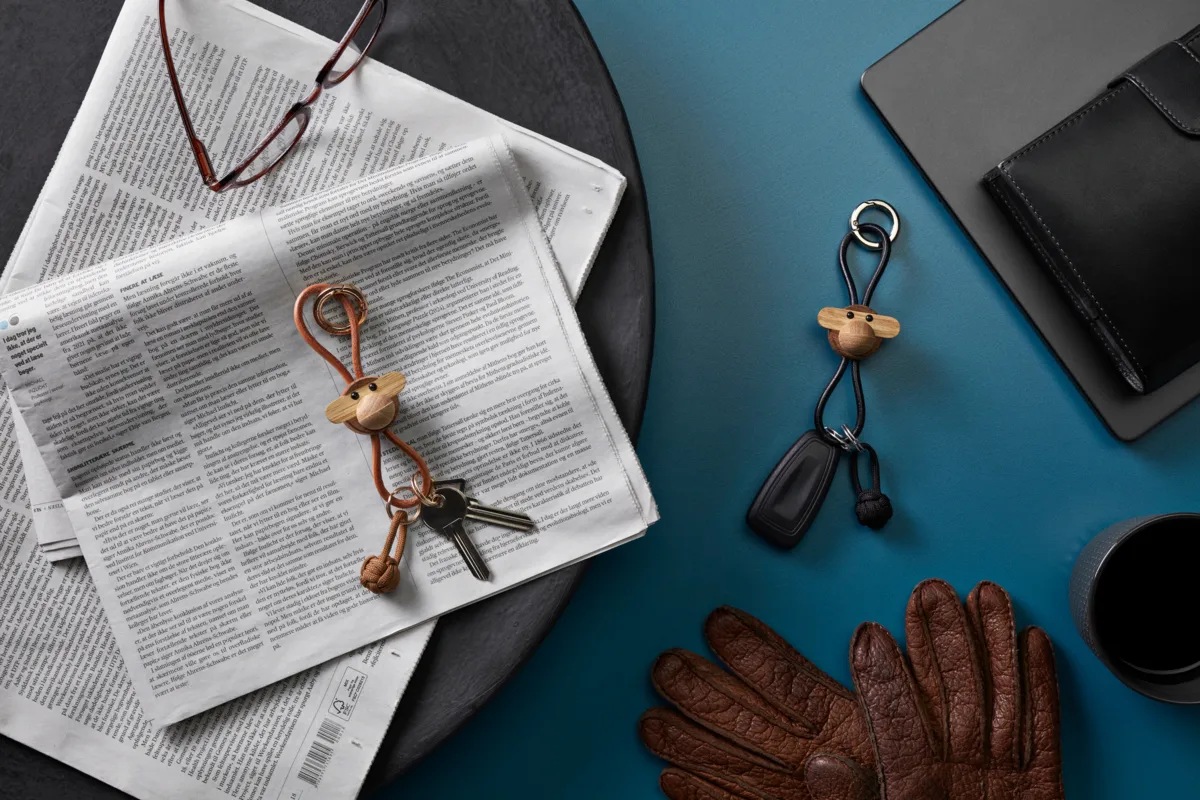 Kaj Bojesen abe nøglering, Teak-limbatræ, naturlæder Kay Bojesen Denmark