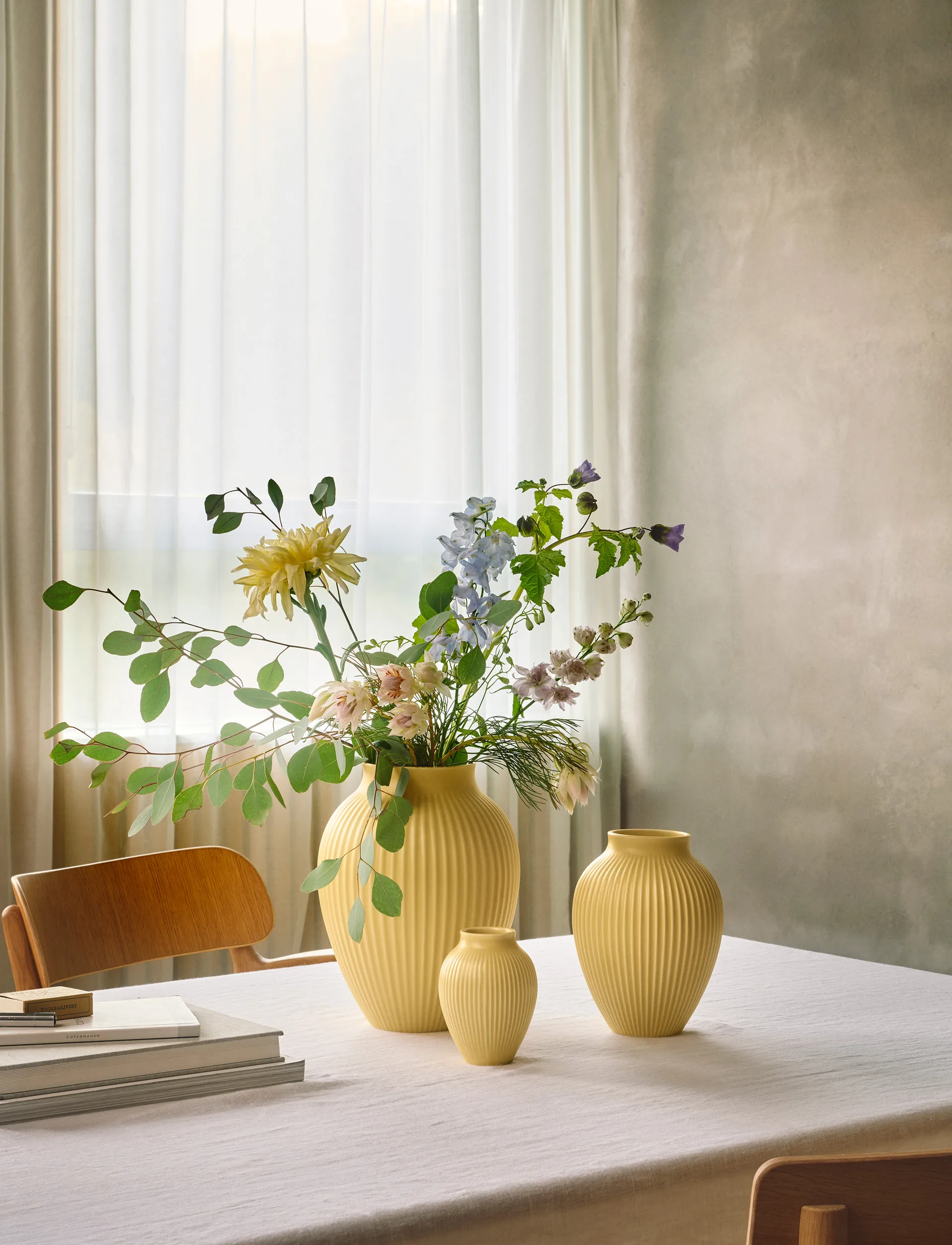 Knabstrup vase riflet 27 cm, Yellow Knabstrup Keramik