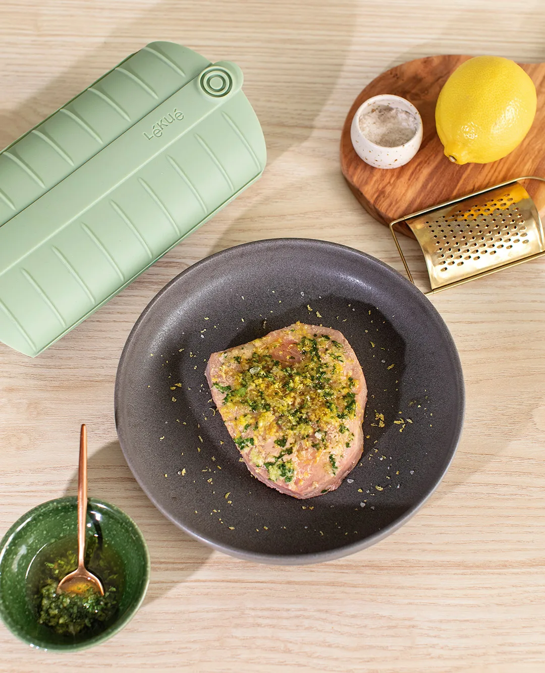 Lékué dampkoger, Grøn, med bakke, 2-pak Lékué