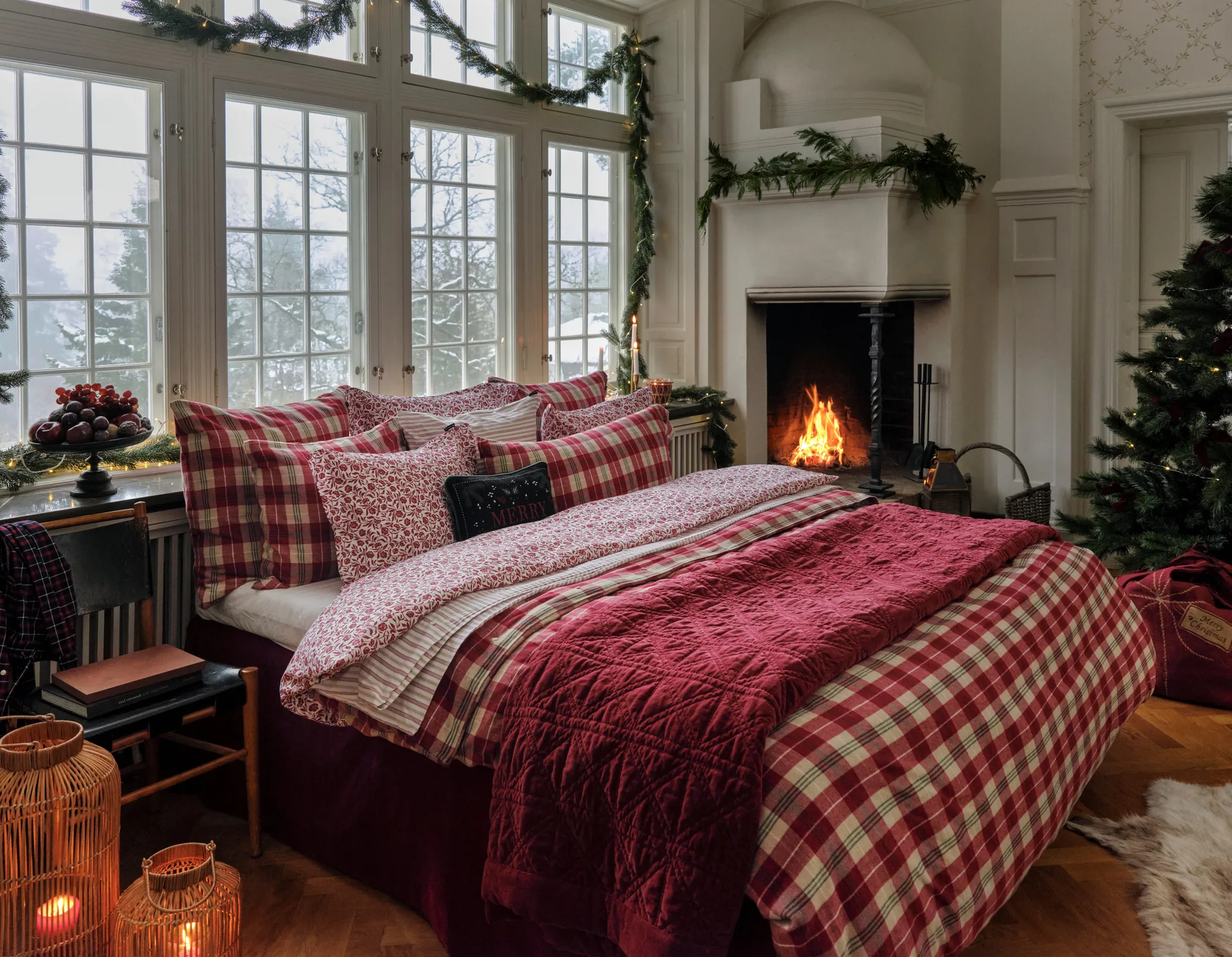 Checked cotton flannel sengesæt, Rød-beige-grøn-hvid Lexington