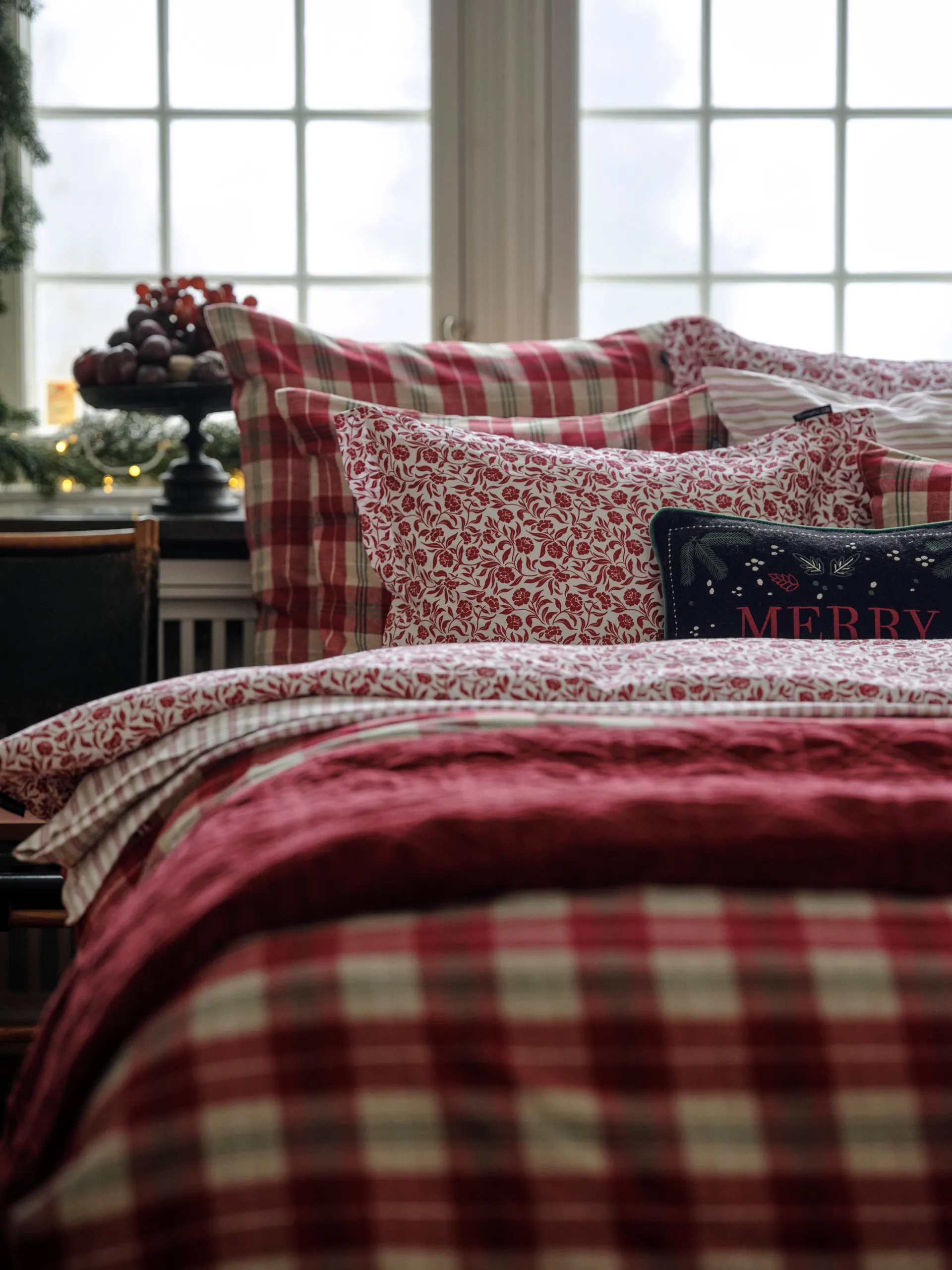 Checked cotton flannel sengesæt, Rød-beige-grøn-hvid Lexington