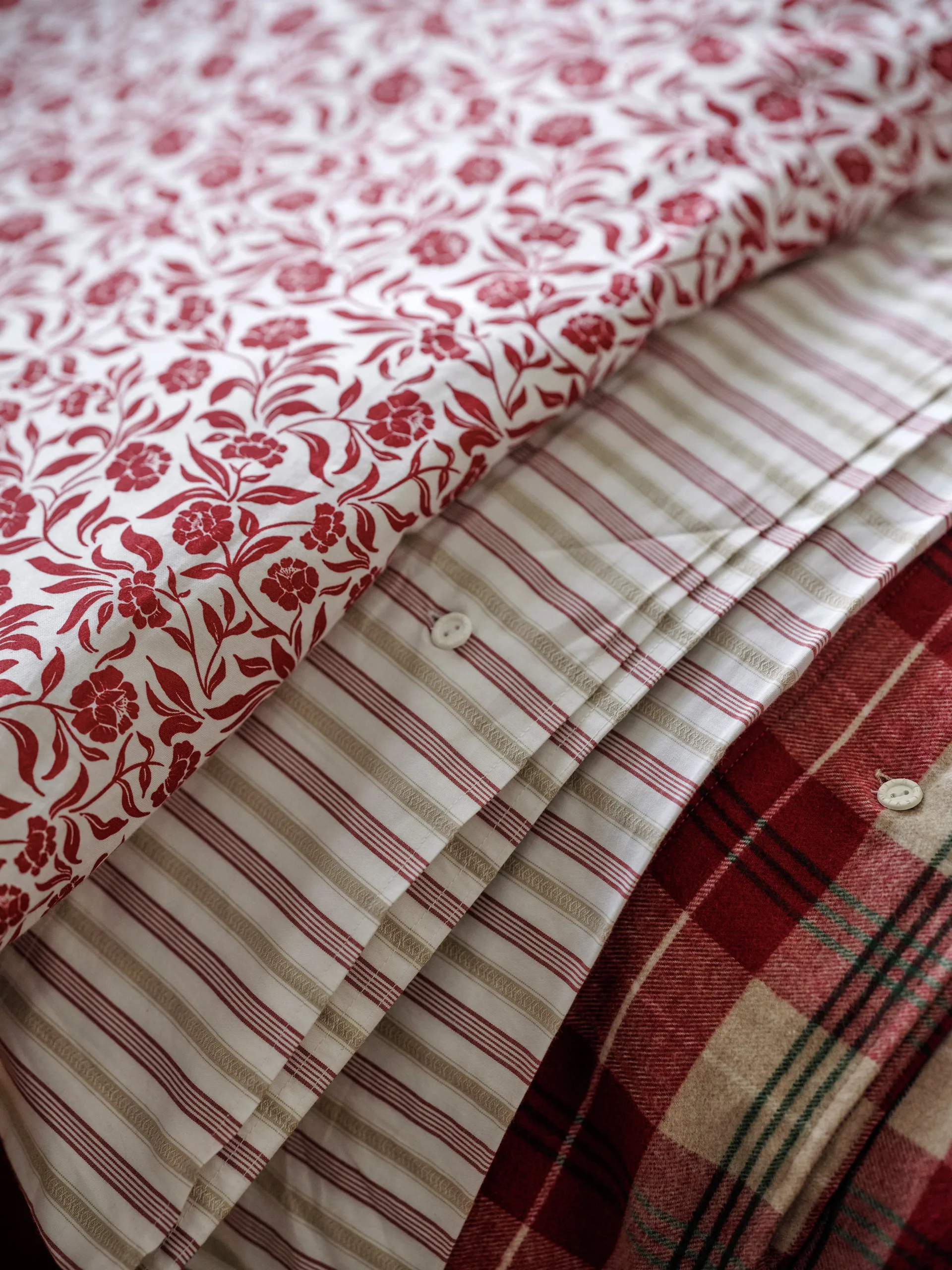 Checked cotton flannel sengesæt, Rød-beige-grøn-hvid Lexington