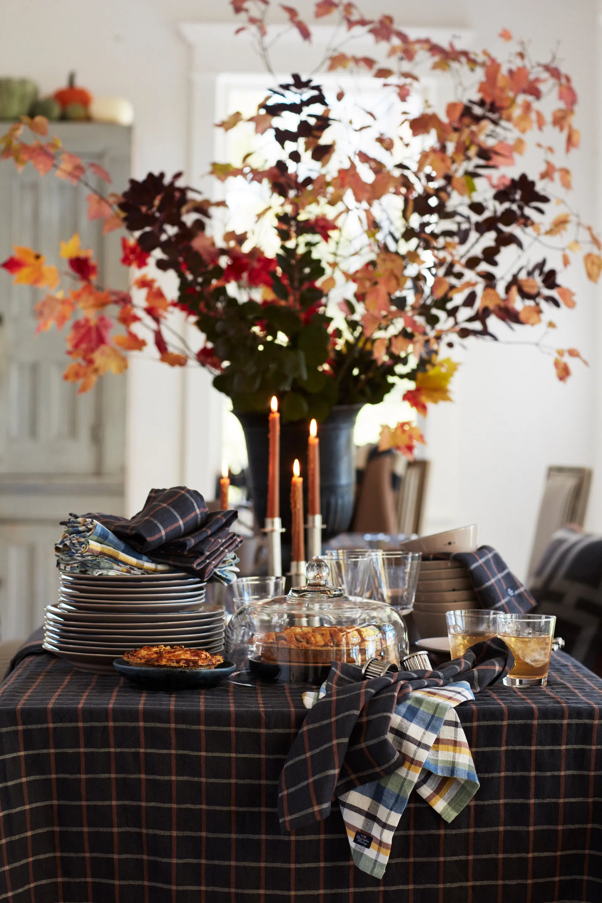 Checked Cotton Linen borddug 150x350 cm, Dark gray/Beige Lexington