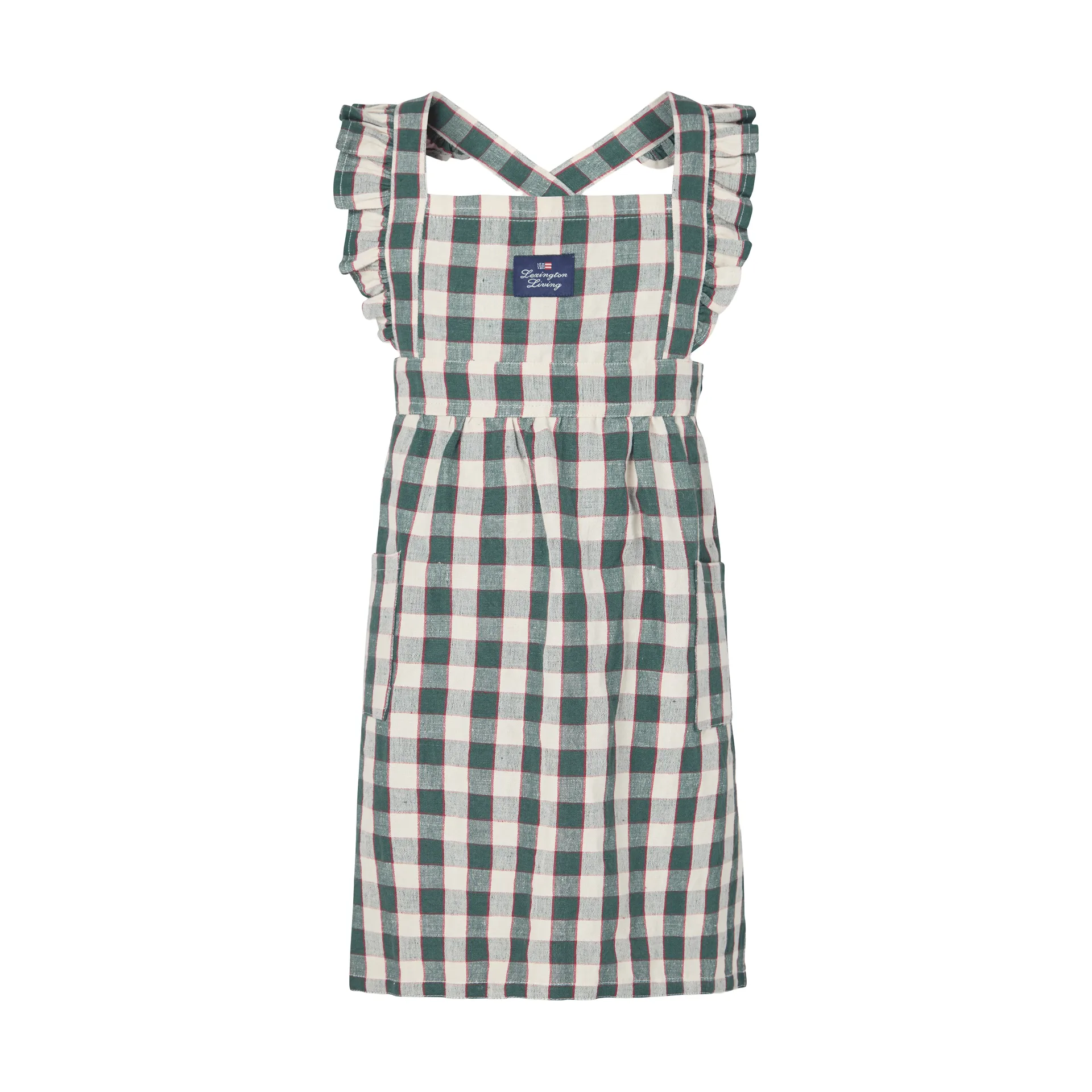 Checked cotton linen børneforklæde, Green-Light beige-red, 4-6 år Lexington