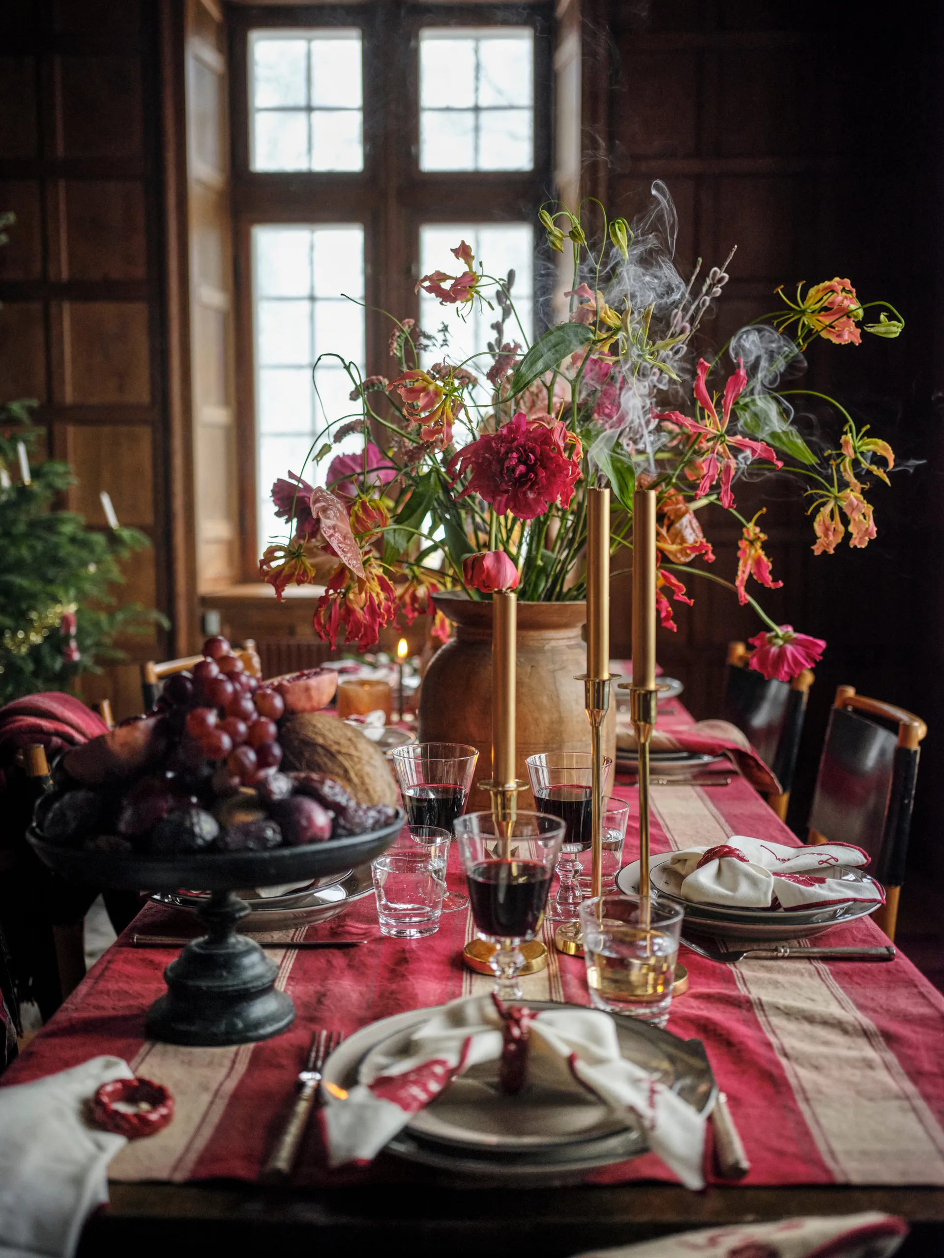 Checked linen-cotton borddug 150x250 cm, Rød-beige Lexington