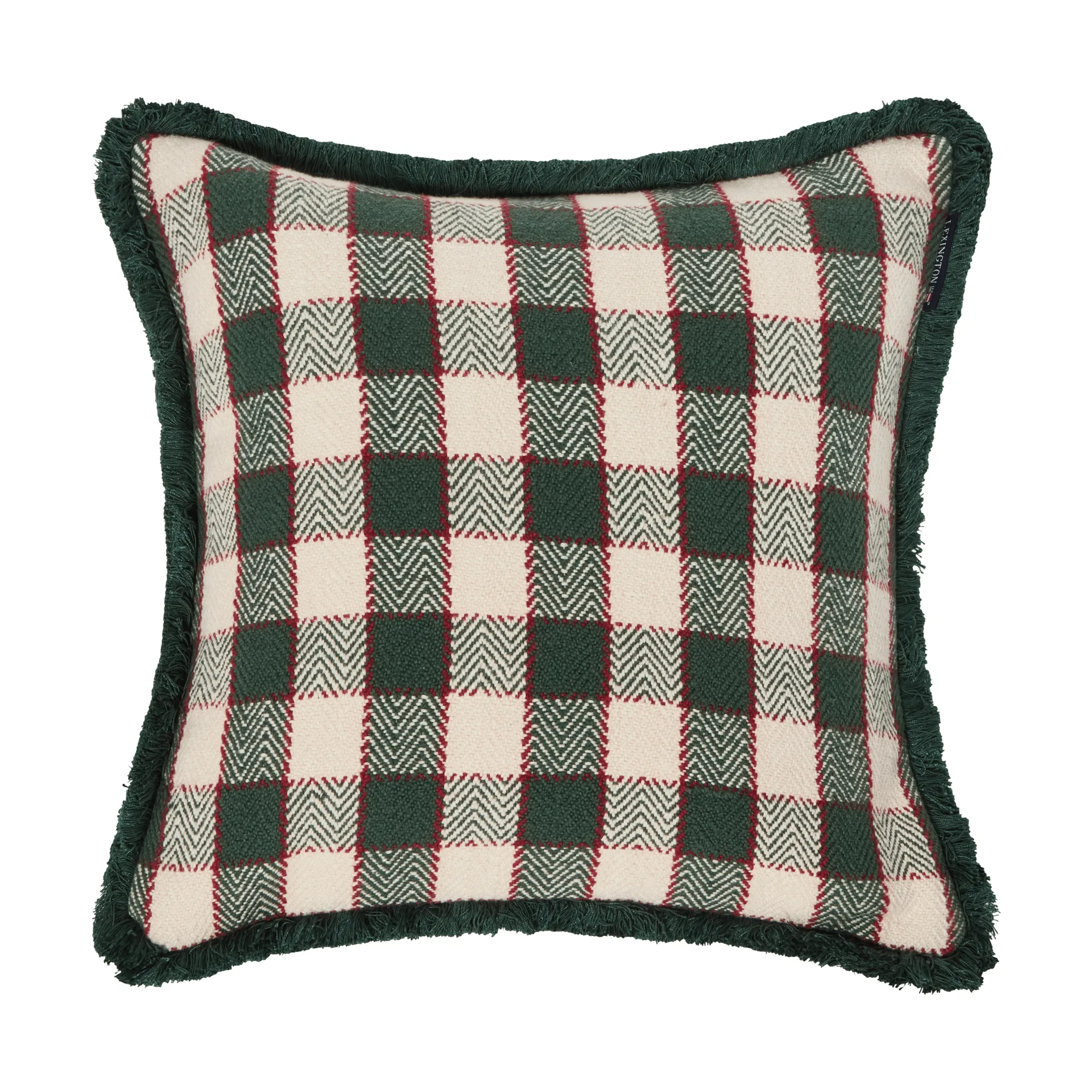 Checked organic cotton fringe pudebetræk, Green-light beige-red Lexington