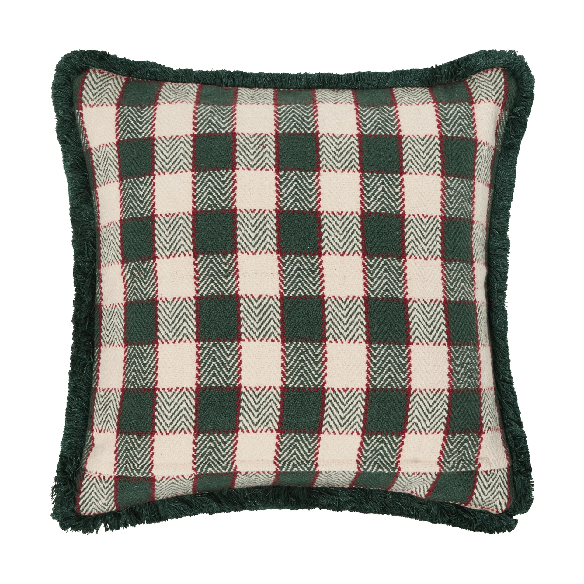 Checked organic cotton fringe pudebetræk, Green-light beige-red Lexington