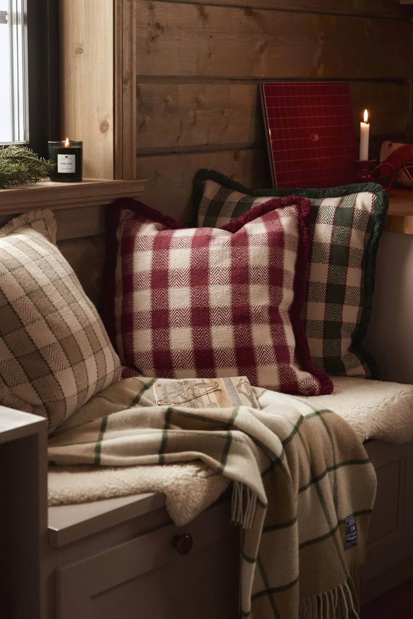 Checked organic cotton fringe pudebetræk, Red-light beige-beige Lexington