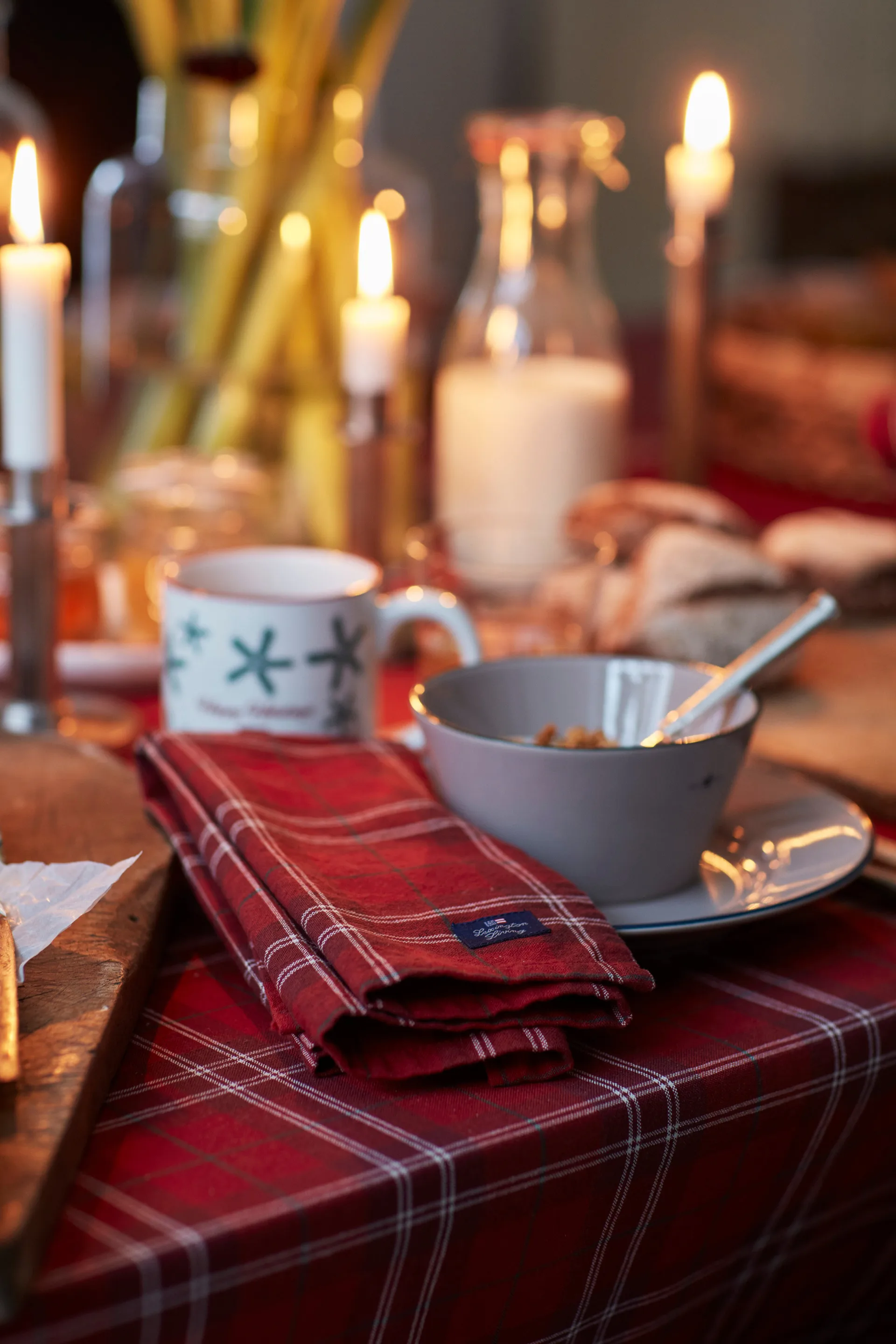 Checked Organic Cotton Oxford dug 180x180 cm, Red/Beige/Green Lexington