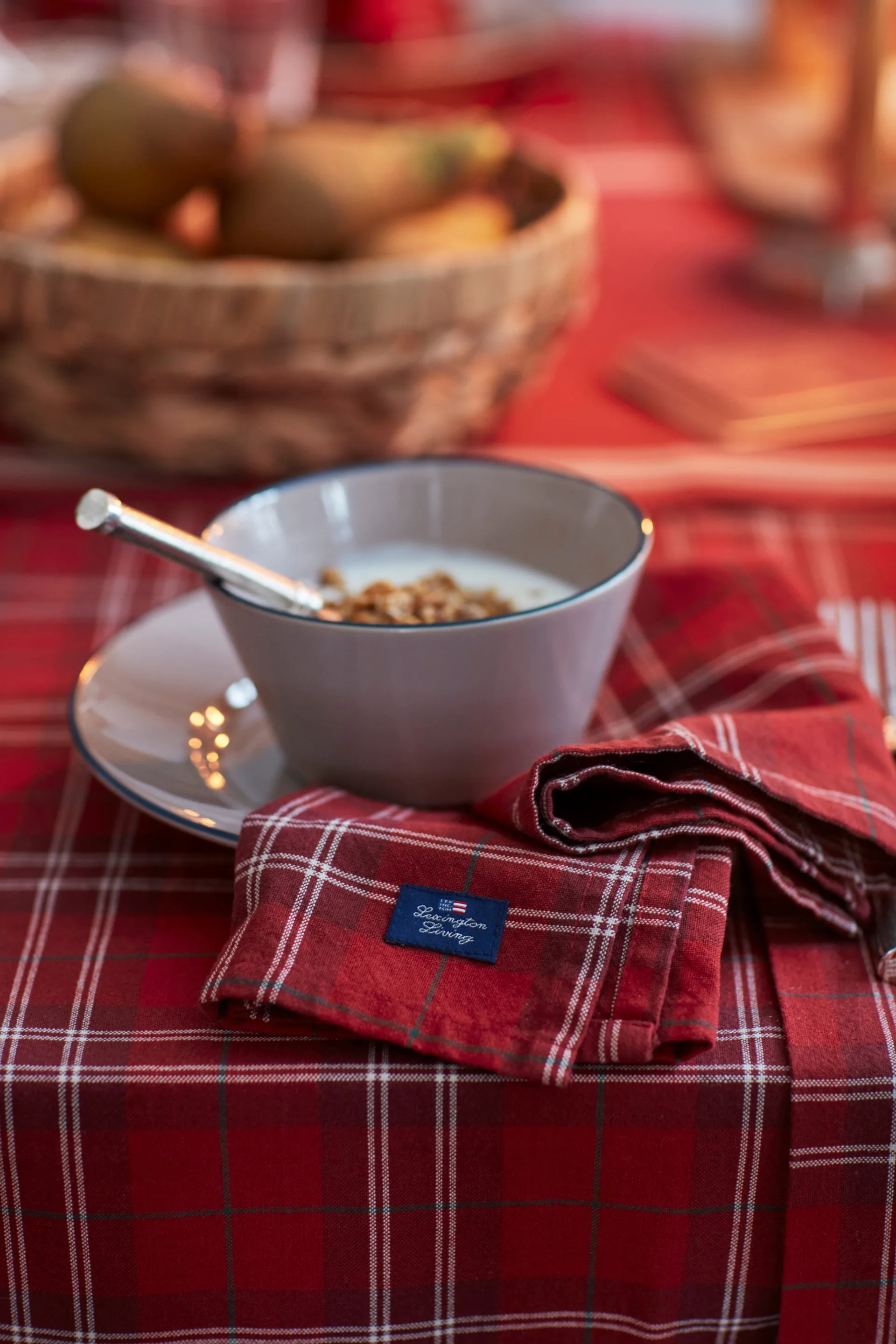 Checked Organic Cotton Oxford dug 180x180 cm, Red/Beige/Green Lexington