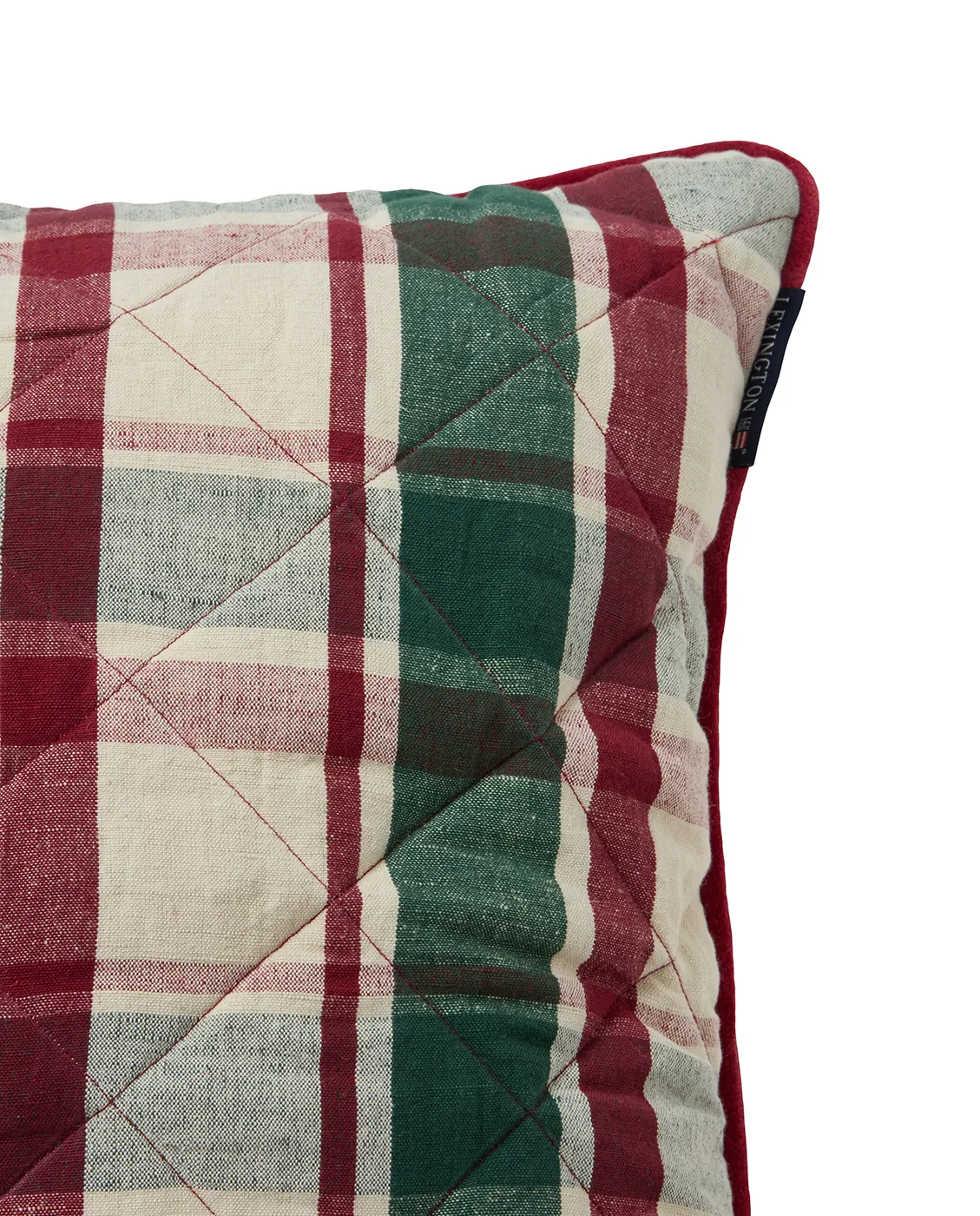Checked quiltet linne/bomuld pudebetræk 50x50 cm, Green-red-beige Lexington