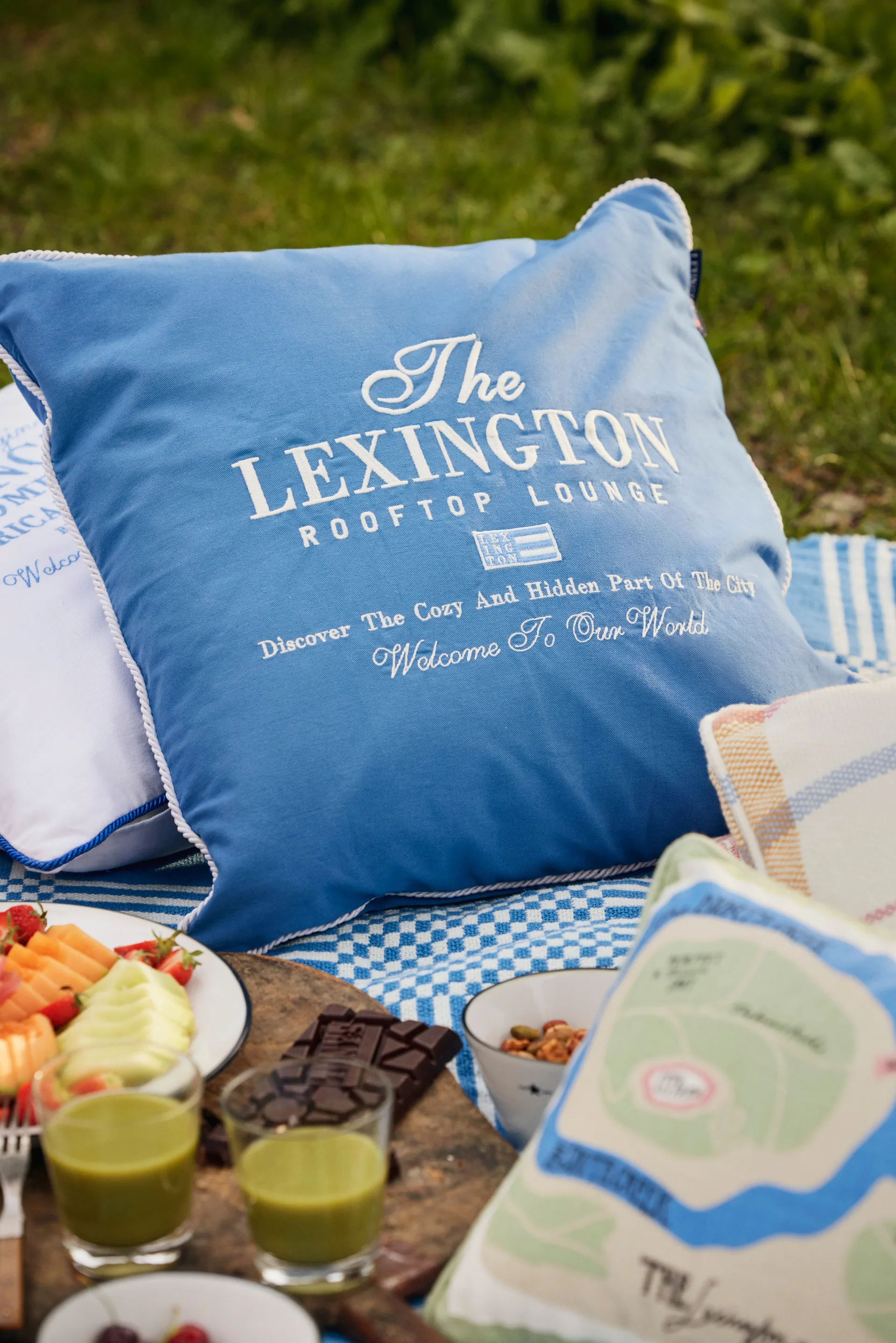Checked Recycled Cotton picnic-tæppe 150x150 cm, Blue Lexington