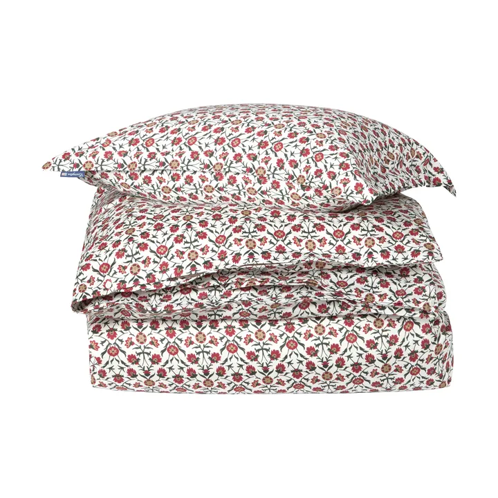 Flower printed cotton sateen sengesæt - White-red-green-beige, 2 stk 50x60 cm/1 stk 220x220 cm - Lexington