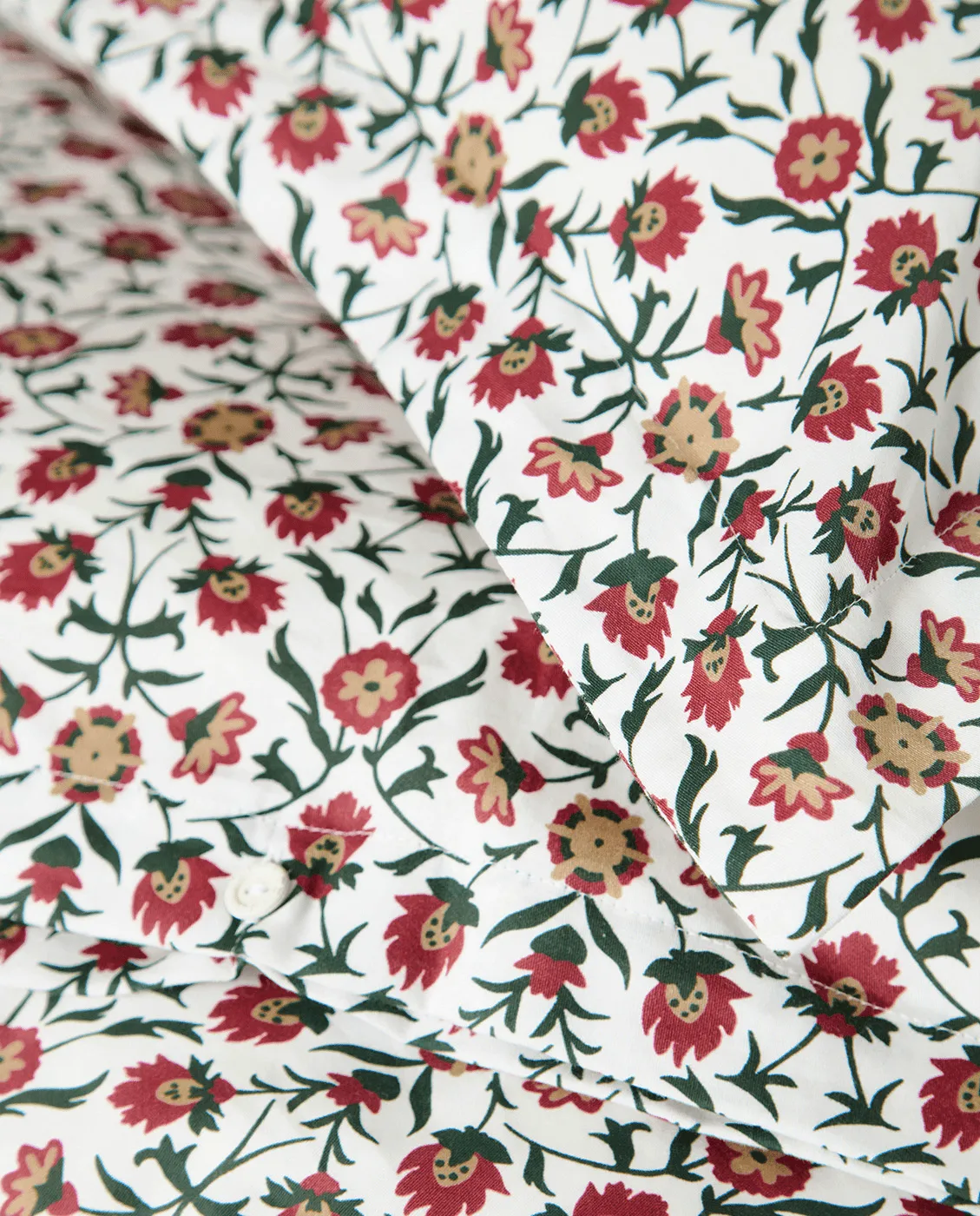 Flower printed cotton sateen sengesæt, White-red-green-beige, 2 stk 50x60 cm/1 stk 220x220 cm Lexington