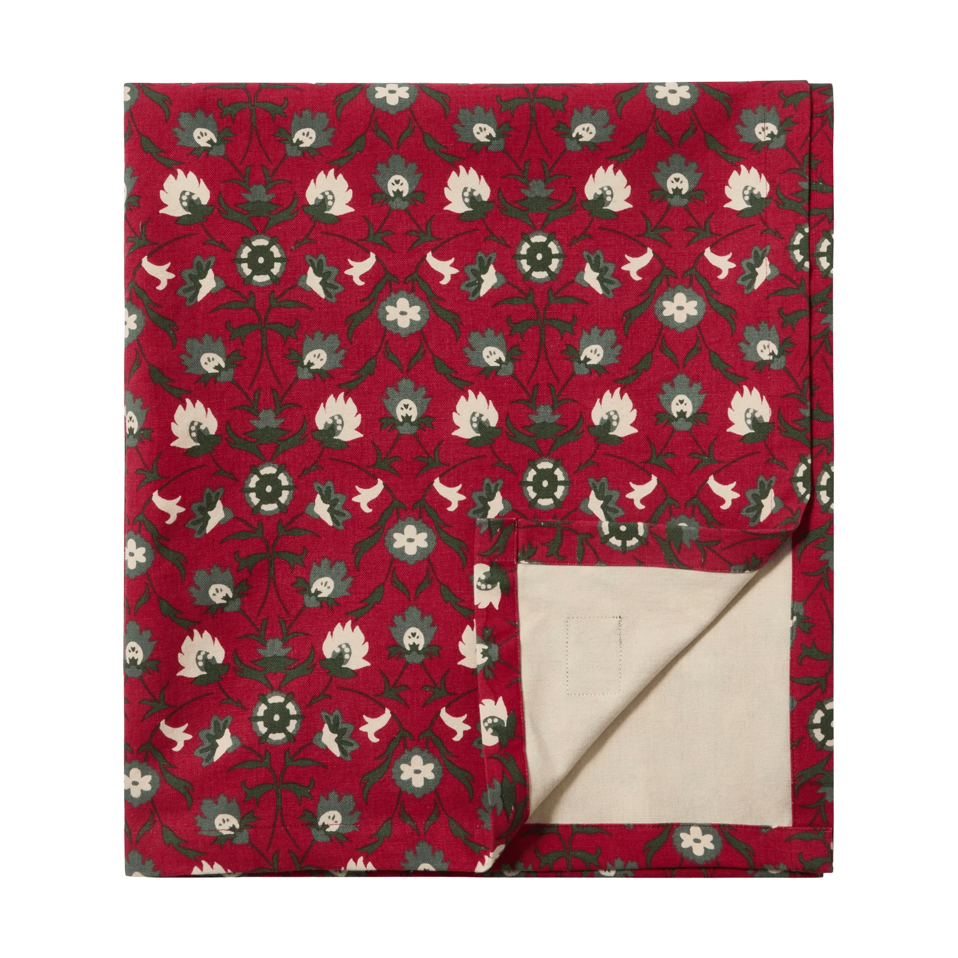 Flower printed økologisk bomuldsdug, Red-beige-green, 150x250 cm Lexington