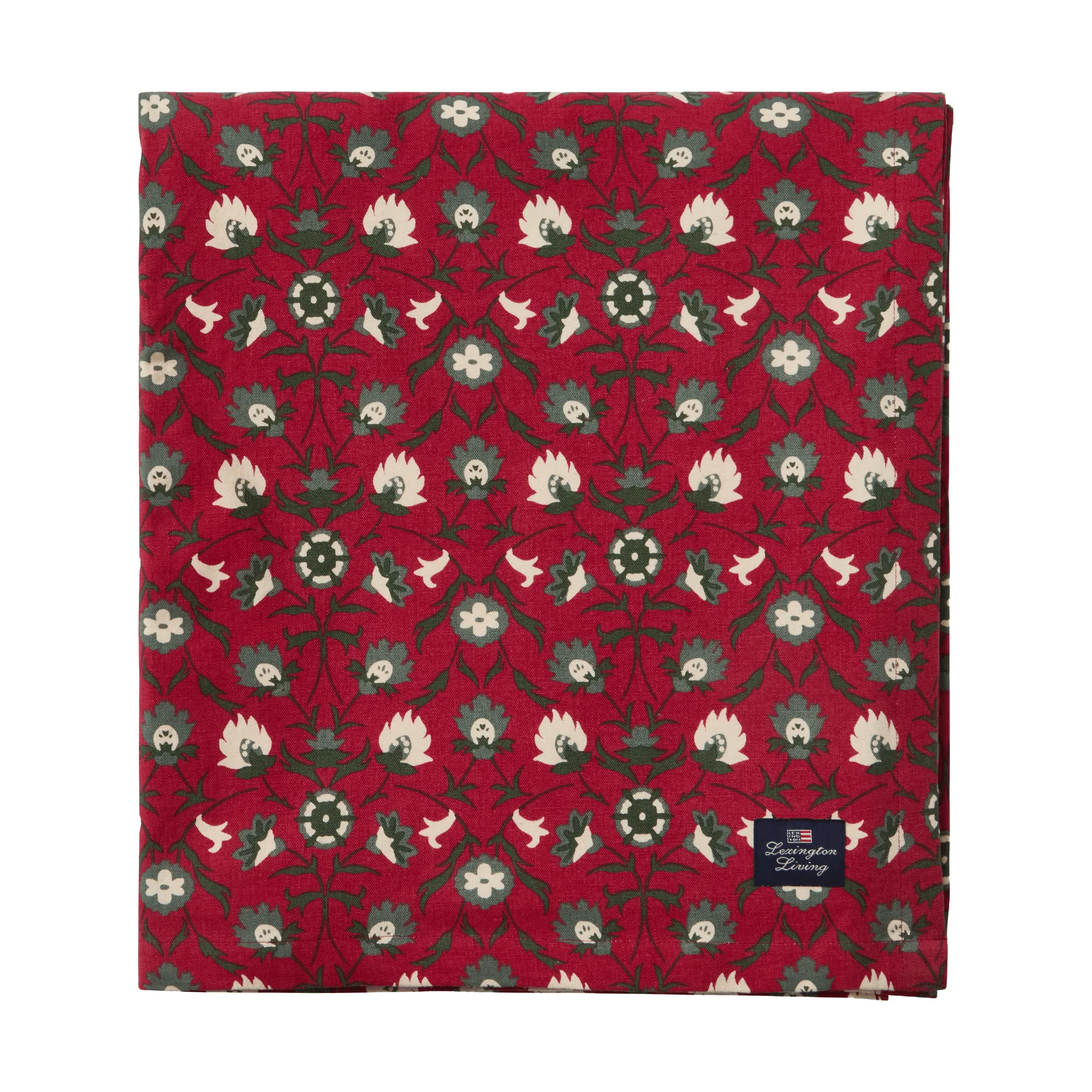 Flower printed økologisk bomuldsdug, Red-beige-green, 150x350 cm Lexington