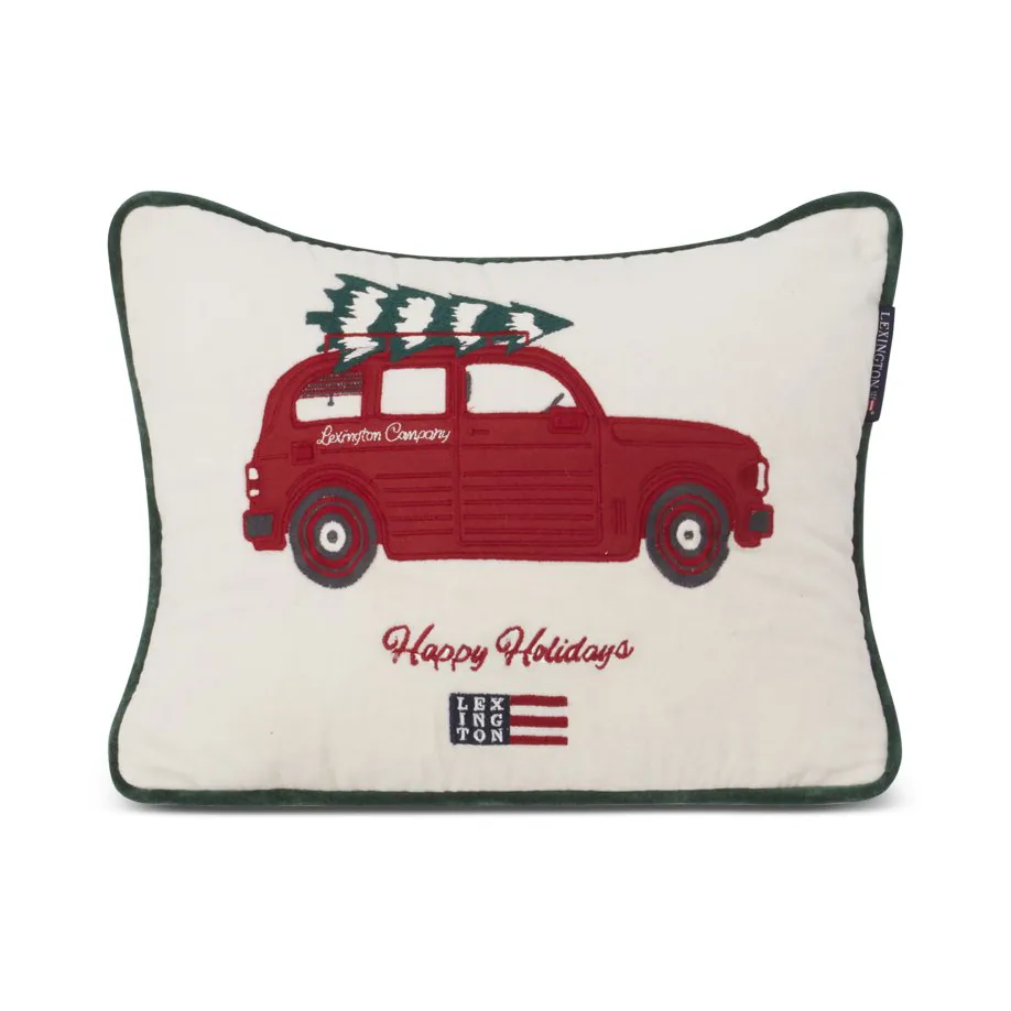 Holiday Car Organic Cotton Velvet pude 30x40 cm, White/Red multi Lexington