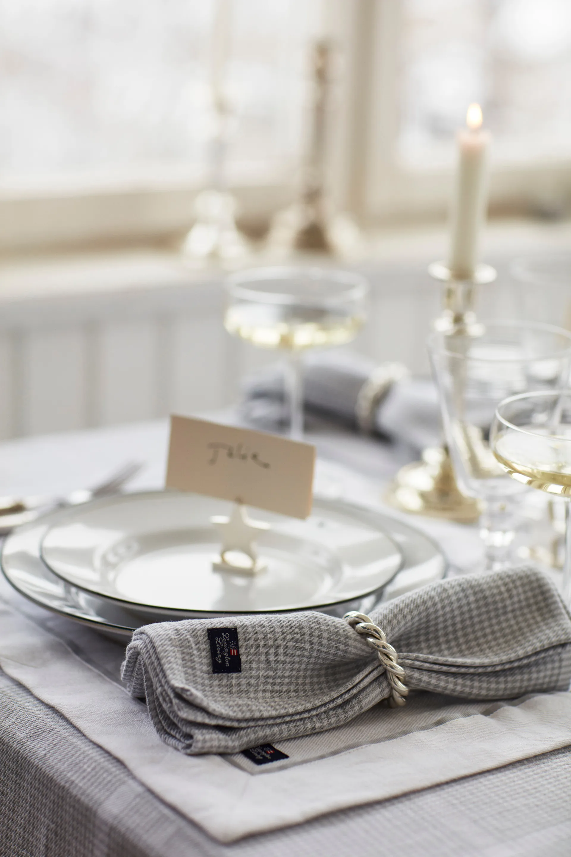 Pepita Check Cotton Linen stofserviet 50x50 cm, White/Light gray Lexington