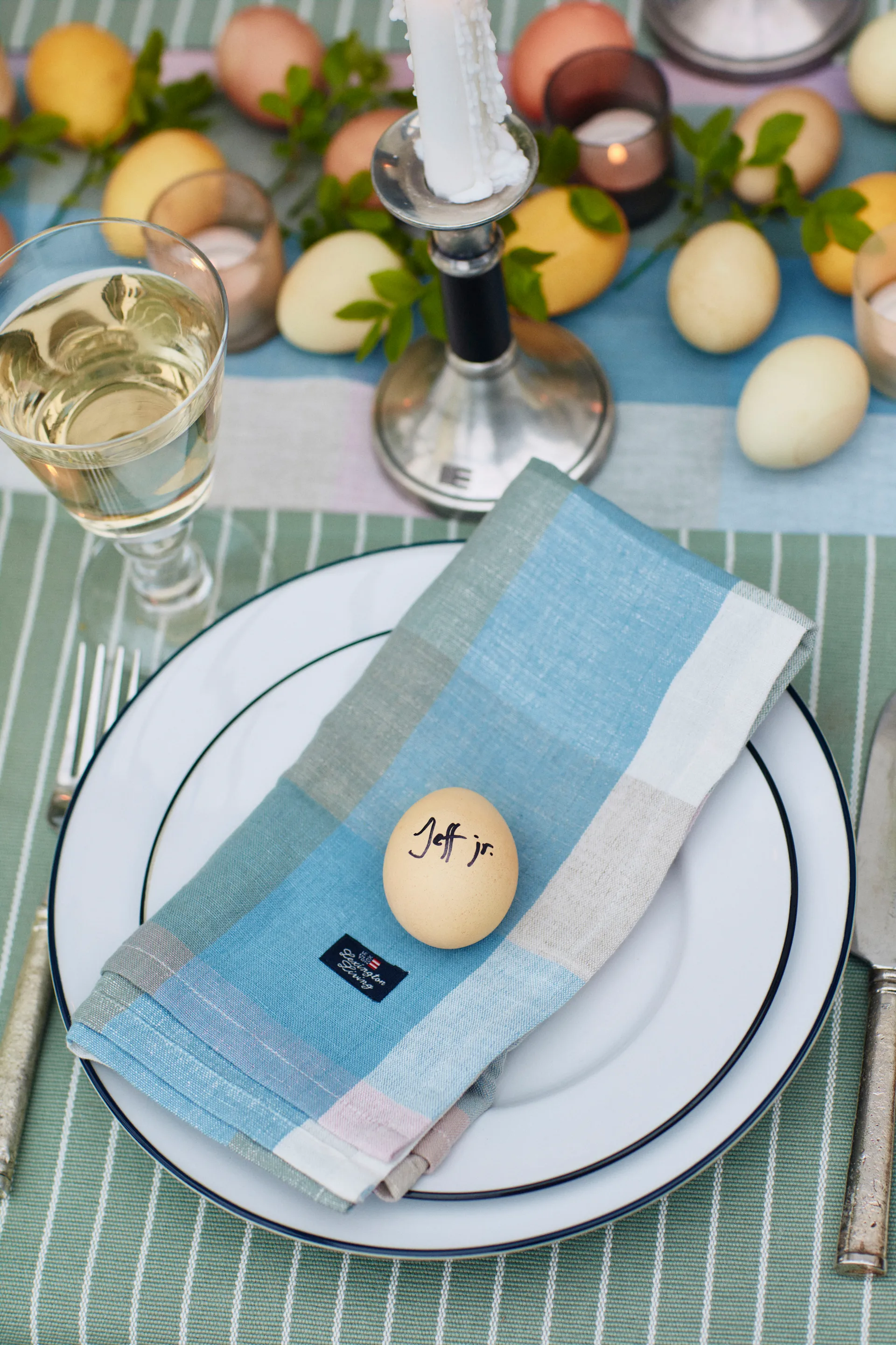 Striped Organic Cotton Rips dækkeserviet 50x250 cm, Green/White Lexington