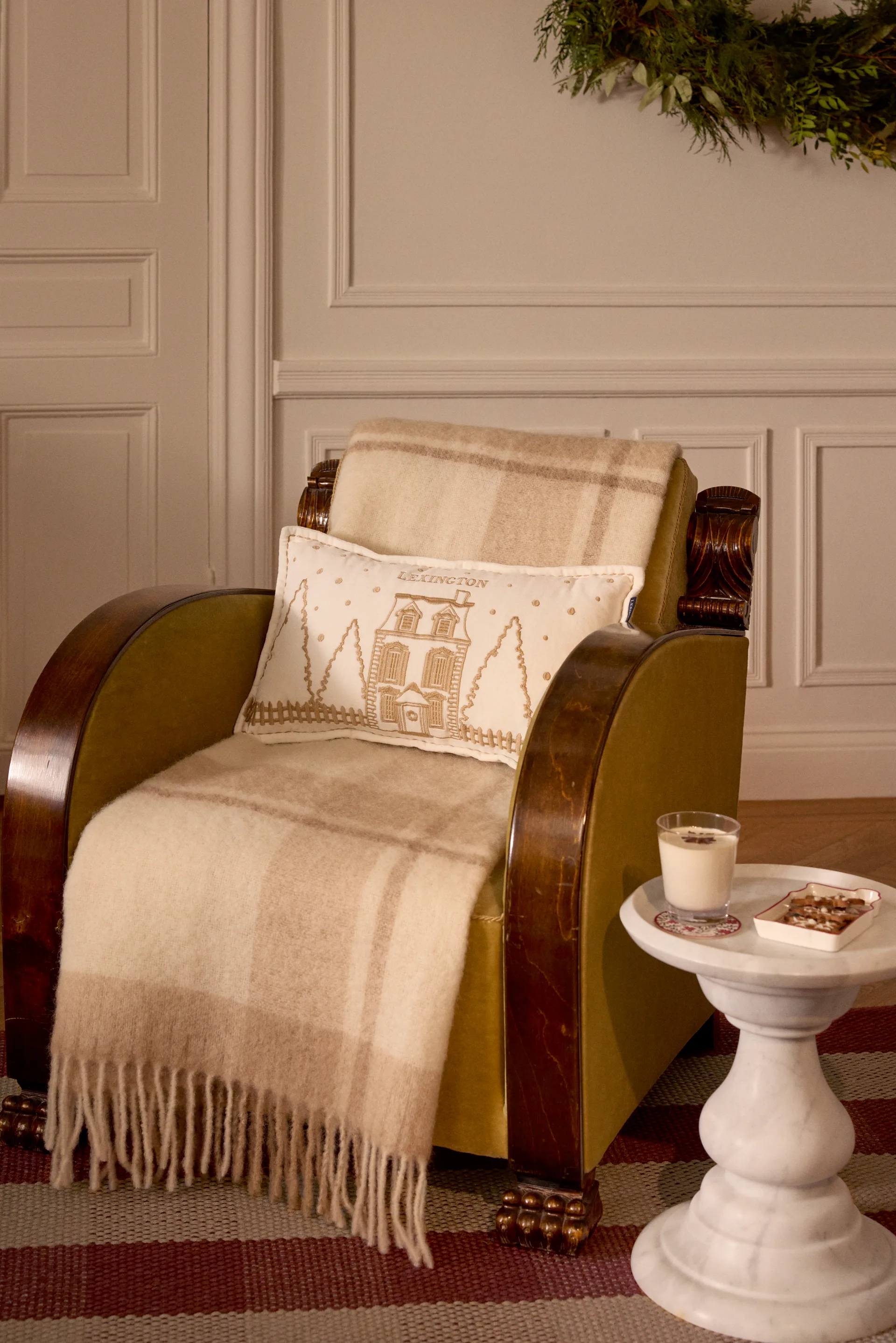 Winter House øko. fløjlsbomuld pude 30x50 cm, White-Light beige Lexington