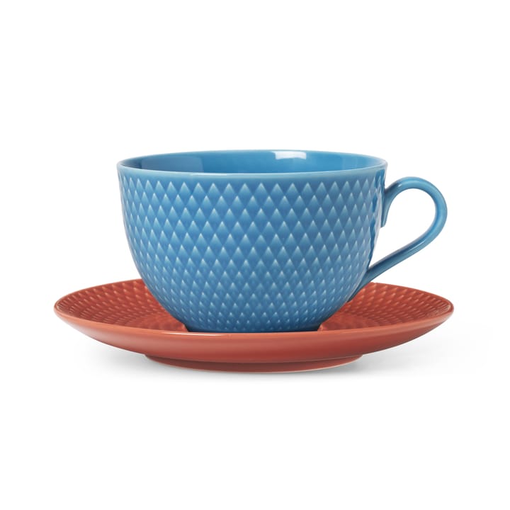 Rhombe tekop med underkop - Blå/Terracotta - Lyngby Porcelæn