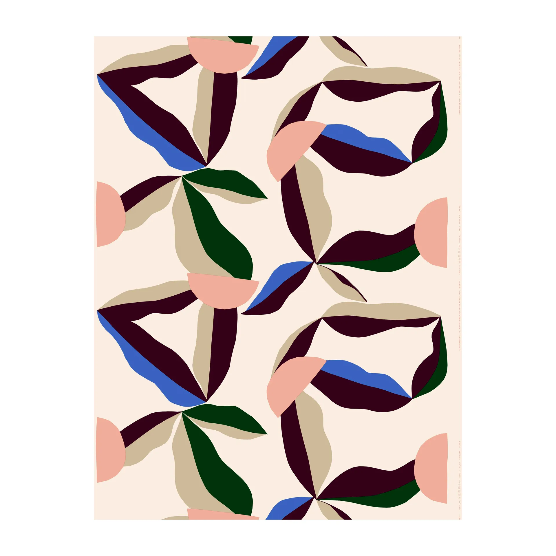 Berry ubleget bomuldsstof, Cotton/Red/Dazzlingblue Marimekko