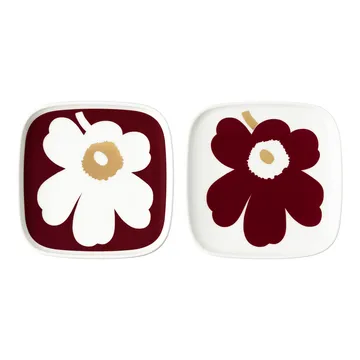 Juhla Unikko fad 10x10 cm 2-pak - Hvid/Vinrød/Guld - Marimekko