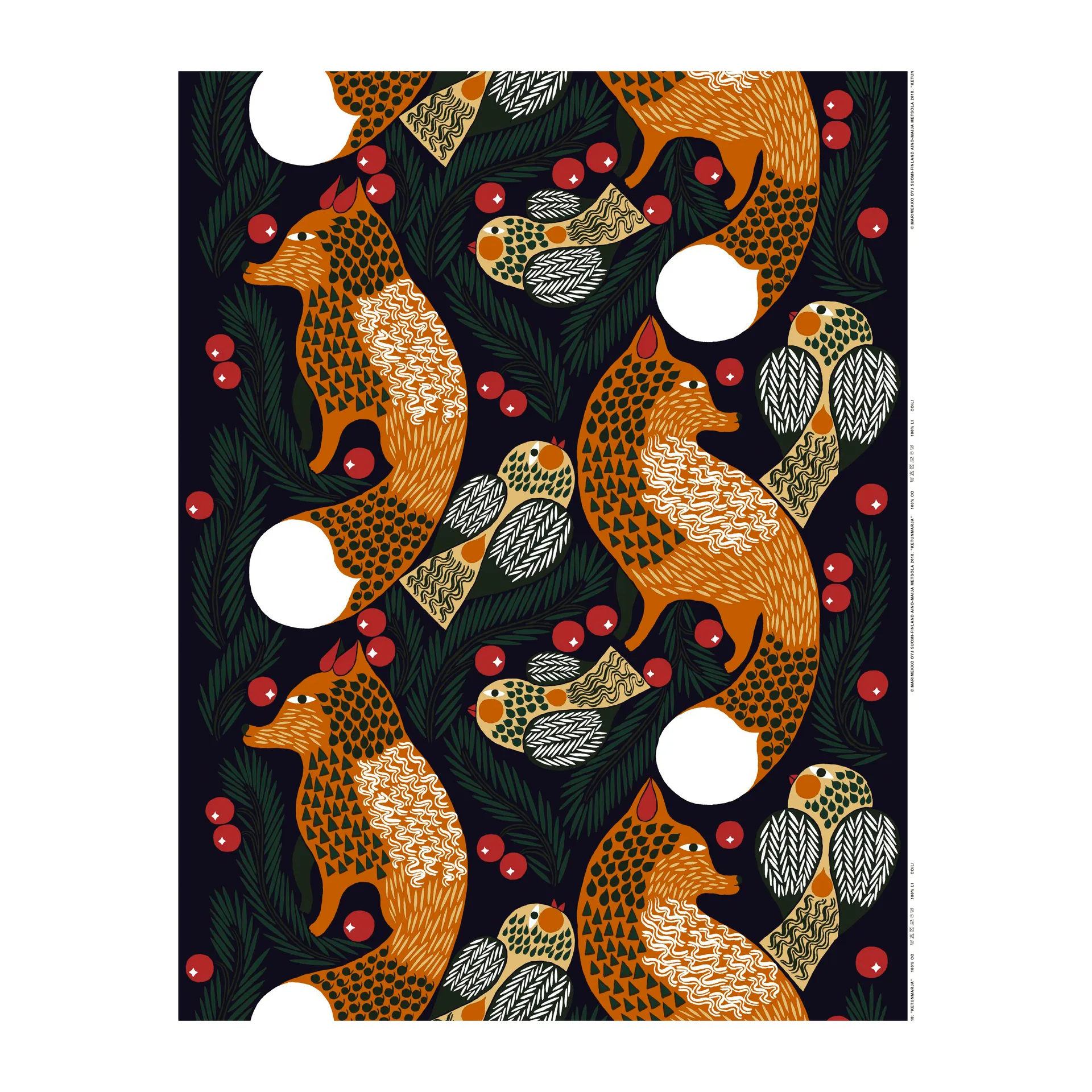 Ketunmarja stof, Mørkeblå/Brun/Mørkegrøn Marimekko