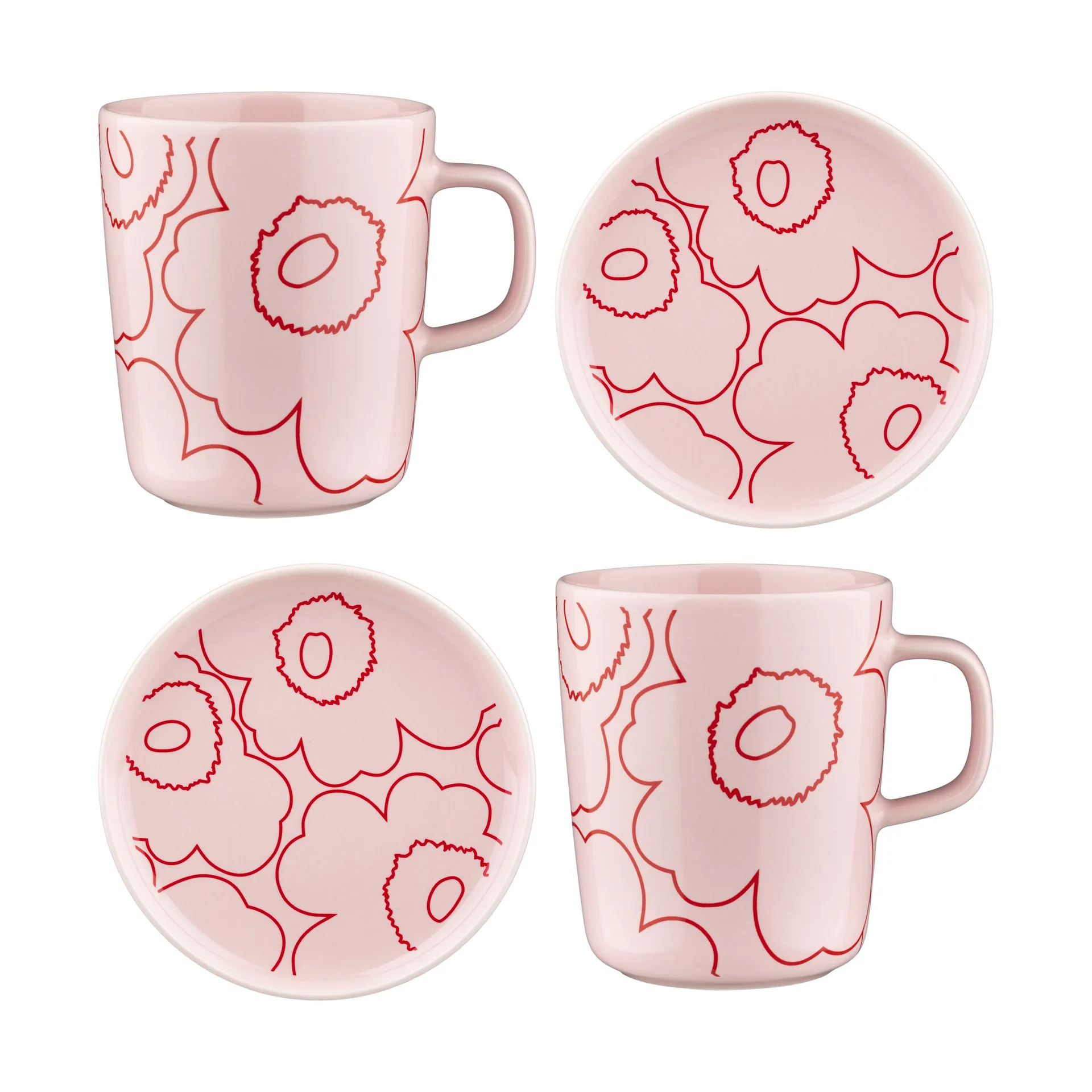 Piirto Unikko Oiva kop 25 cl og fad Ø13,5 cm 4 dele, Pink Marimekko