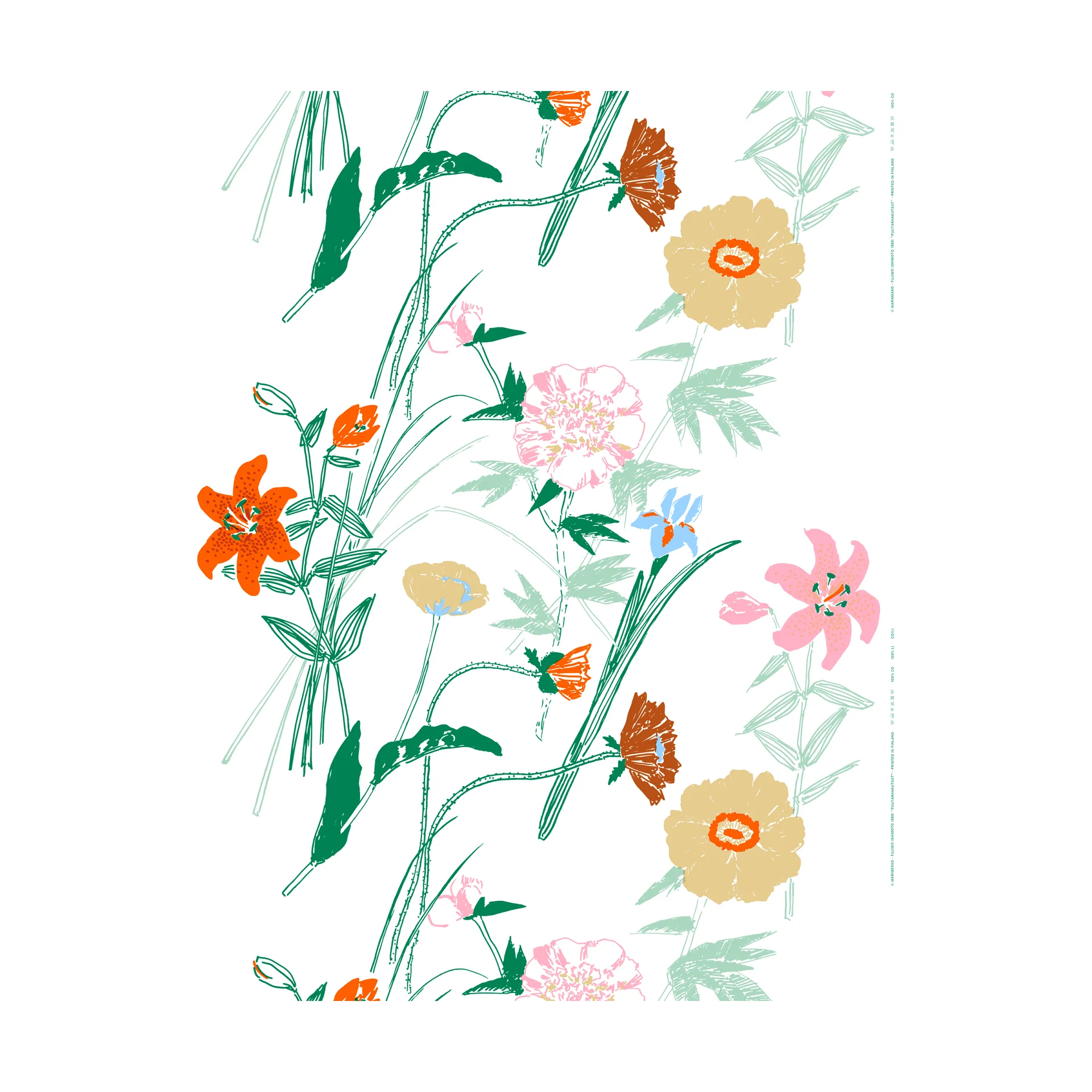 Puutarhakutsut bomuldsstof, White-green-orange Marimekko