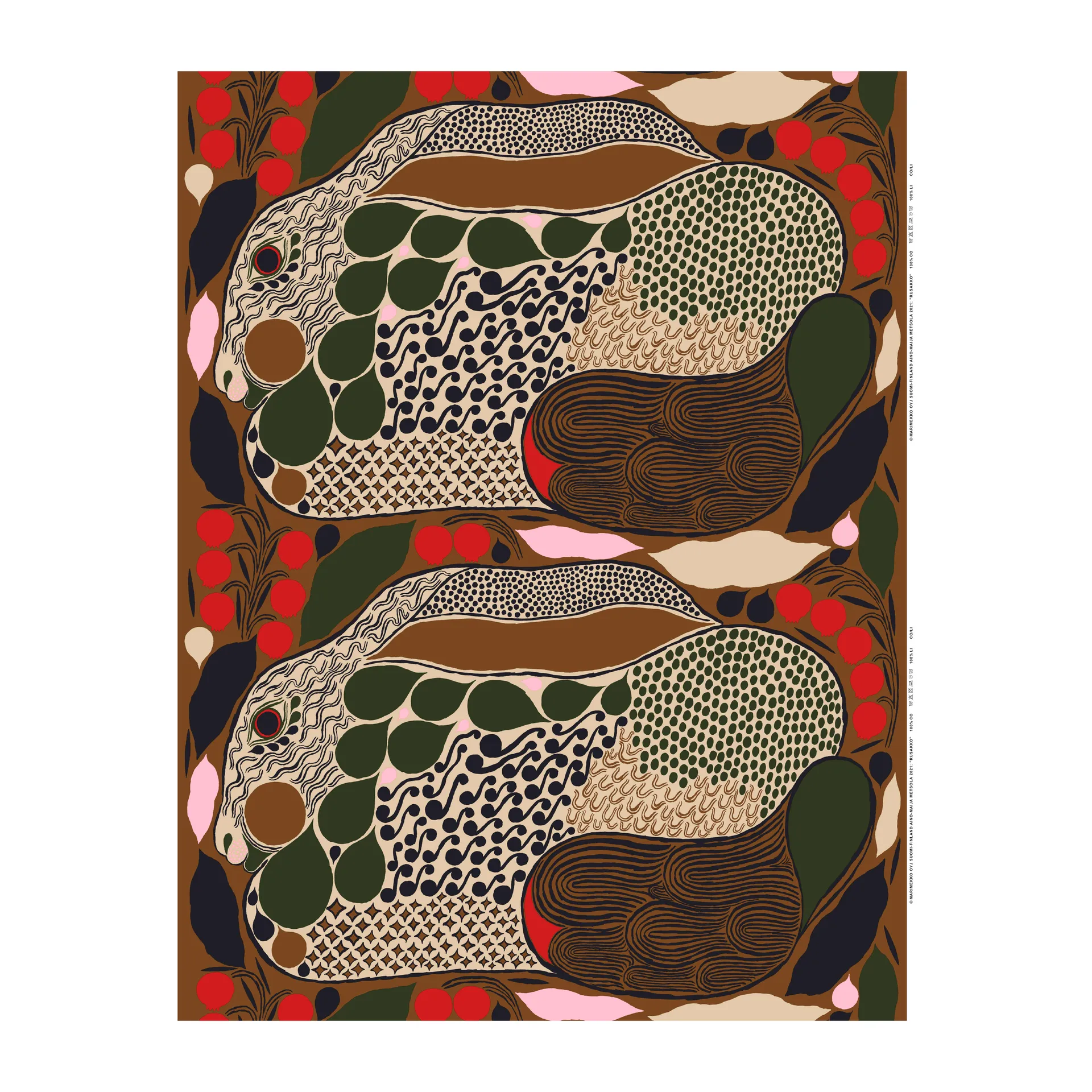 Rusakko bomuldsstof, brun-mørkeblå-rød Marimekko