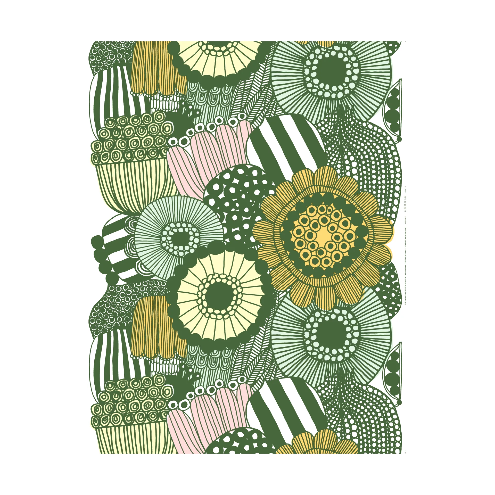 Siirtolapuutarha tekstil, White-green-light yellow-orange Marimekko