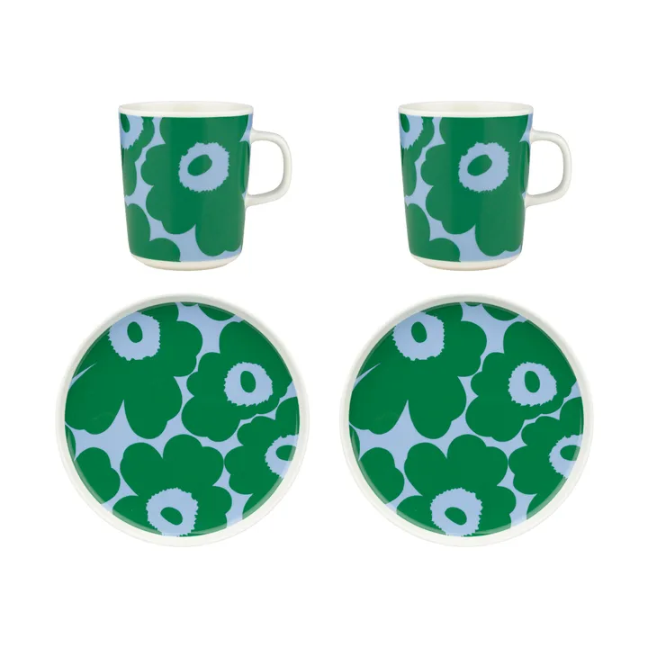 Unikko morgenmadssæt - White-green-light blue, 4 dele - Marimekko