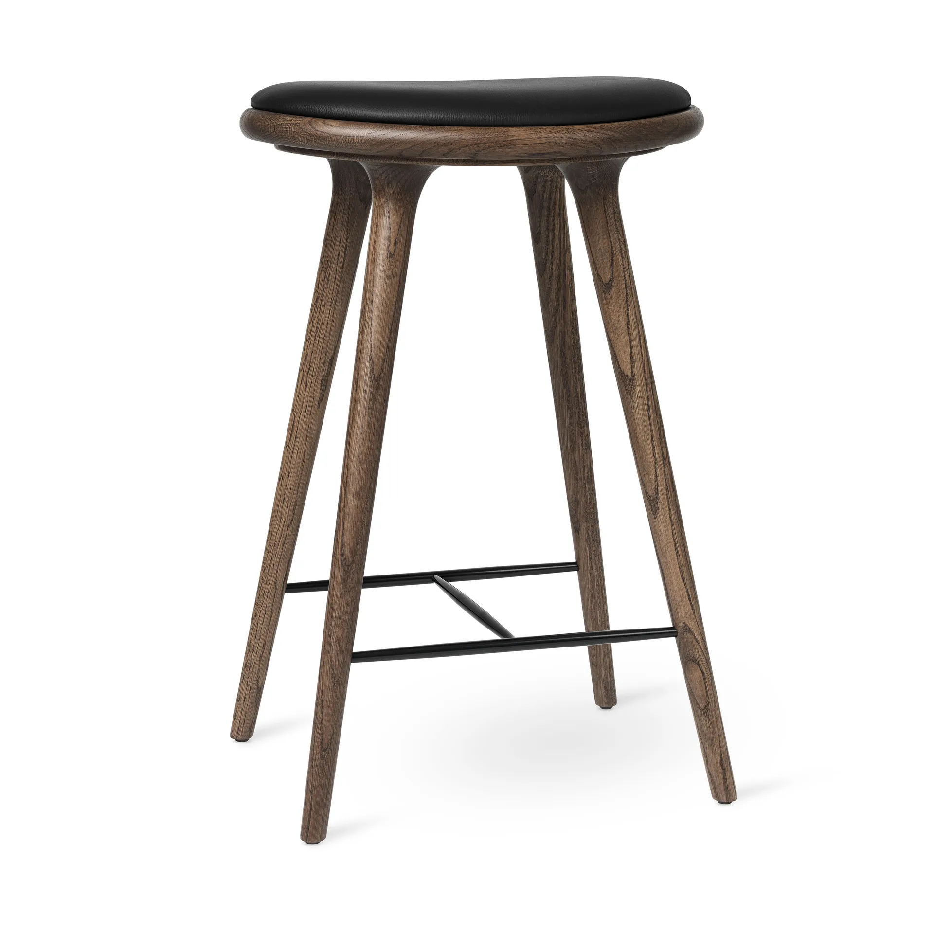 Mater high stool barskammel lav 69 cm, Læder sort, brunbejdset stel i eg Mater