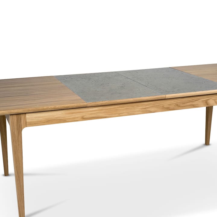 Höllviken spisebord, Eg hvidpigmenteret matlak-1 ilæg-beige MDF á 50 cm Mavis