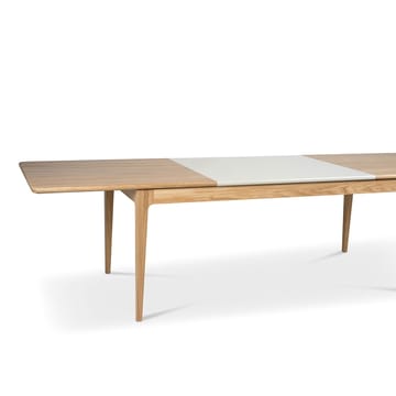 Höllviken spisebord - eg hvidpigmenteret matlak, 2 ilæg, beige MDF á 50 cm - Mavis