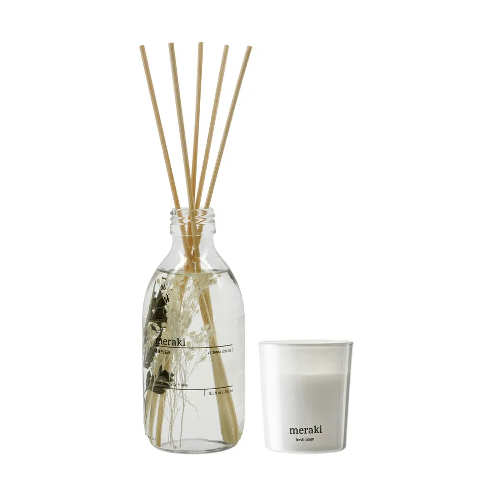 Meraki gavesæt duftpinde og duftlys, Verbena drizzle-fresh linen Meraki