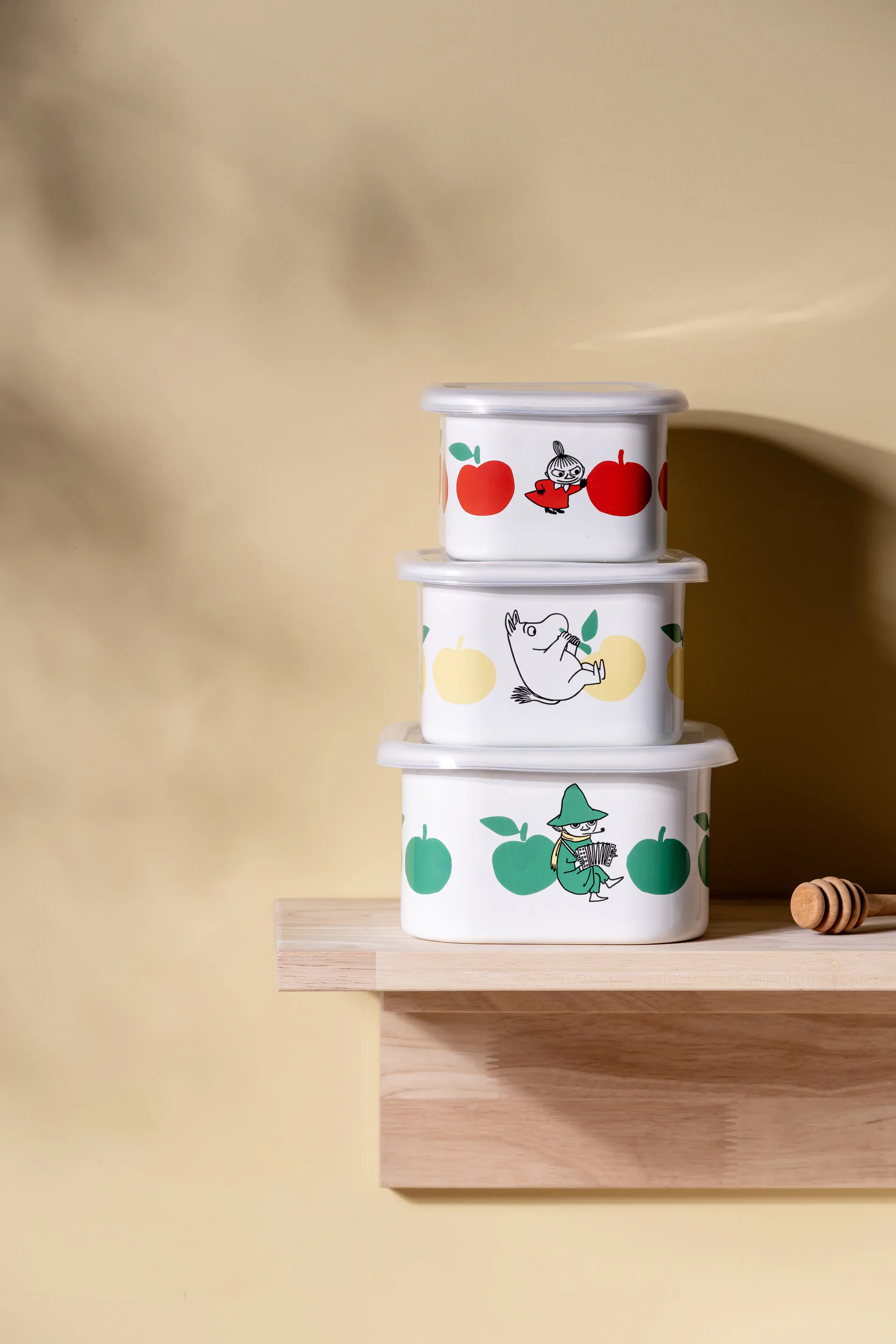 Moomin  emaljekrukke med låg 1 L, Joyfull Apples-gul Muurla