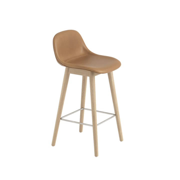 Fiber barstol med ryglæn 65 cm - Læder Refine cognac-ben i eg - Muuto